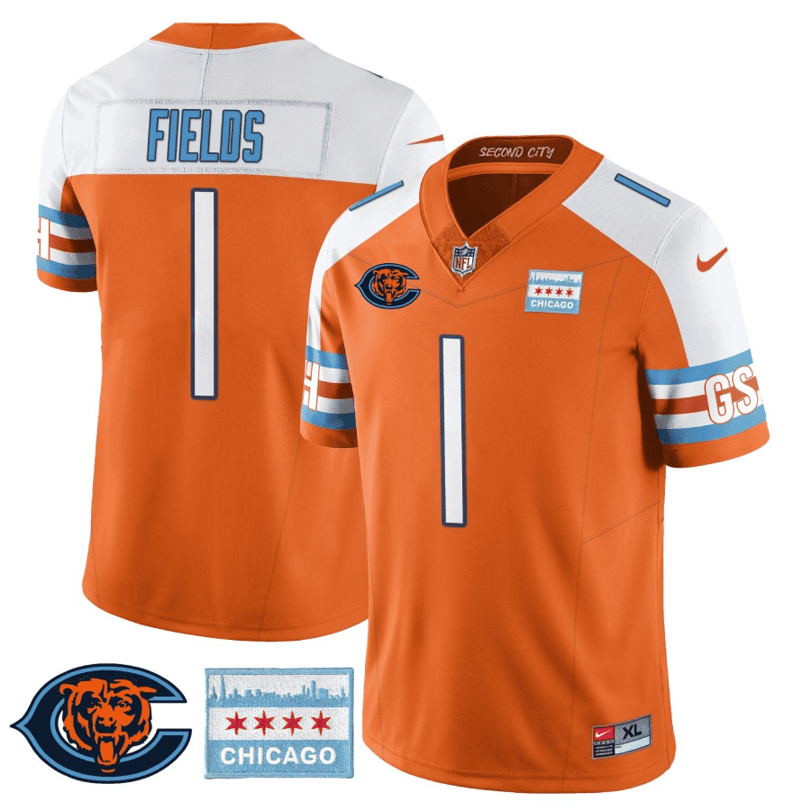 Justin Fields MenÃ¢â‚¬â„¢s Chicago Bears City Edition GSH Orange Alternate Jersey - All Stitched