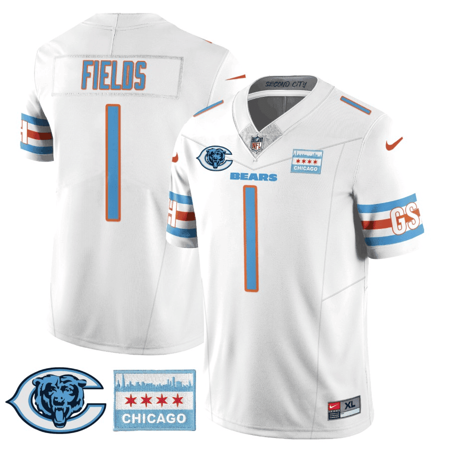 Justin Fields MenÃ¢â‚¬â„¢s Chicago Bears City Edition GSH White Jersey - All Stitched