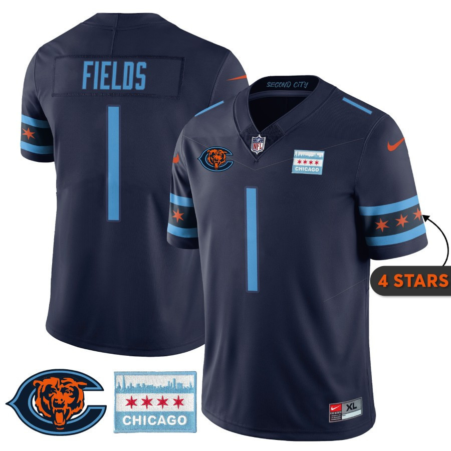 Justin Fields MenÃ¢â‚¬â„¢s Chicago Bears City Edition Navy Jersey - All Stitched