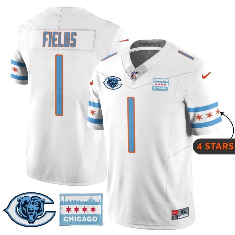 Justin Fields MenÃ¢â‚¬â„¢s Chicago Bears City Edition White Jersey - All Stitched