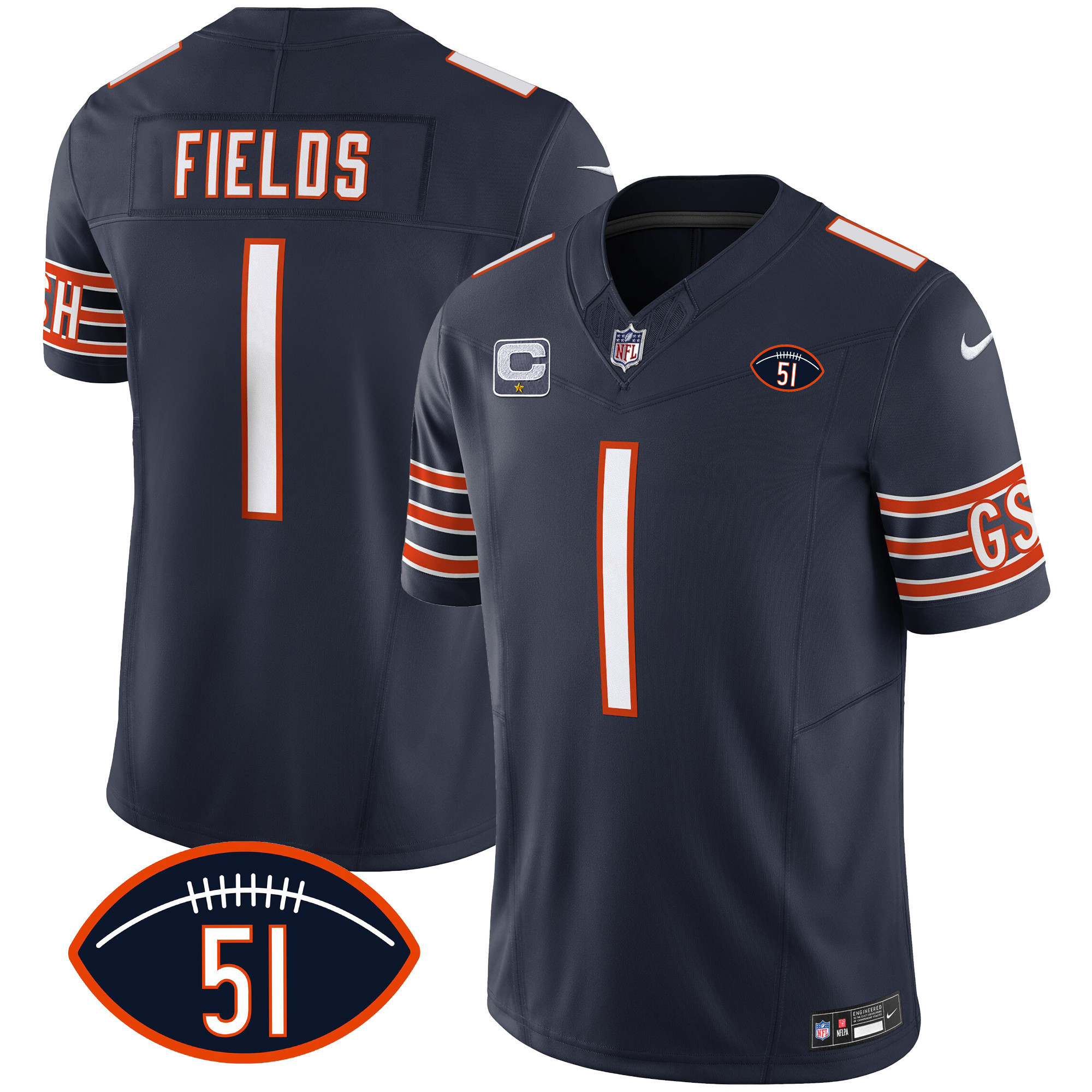 Justin Fields Men's Chicago Bears Dick Butkus Patch GSH Vapor Navy Jersey - All Stitched