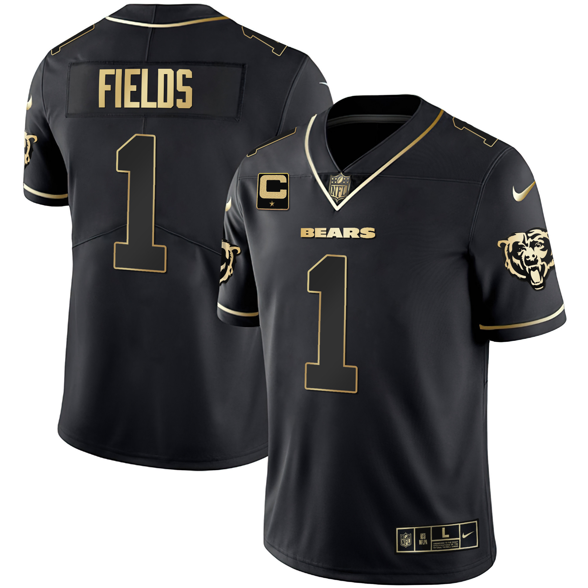Justin Fields Men's Chicago Bears White Gold & Black Gold Black Gold Jersey - All Stitched