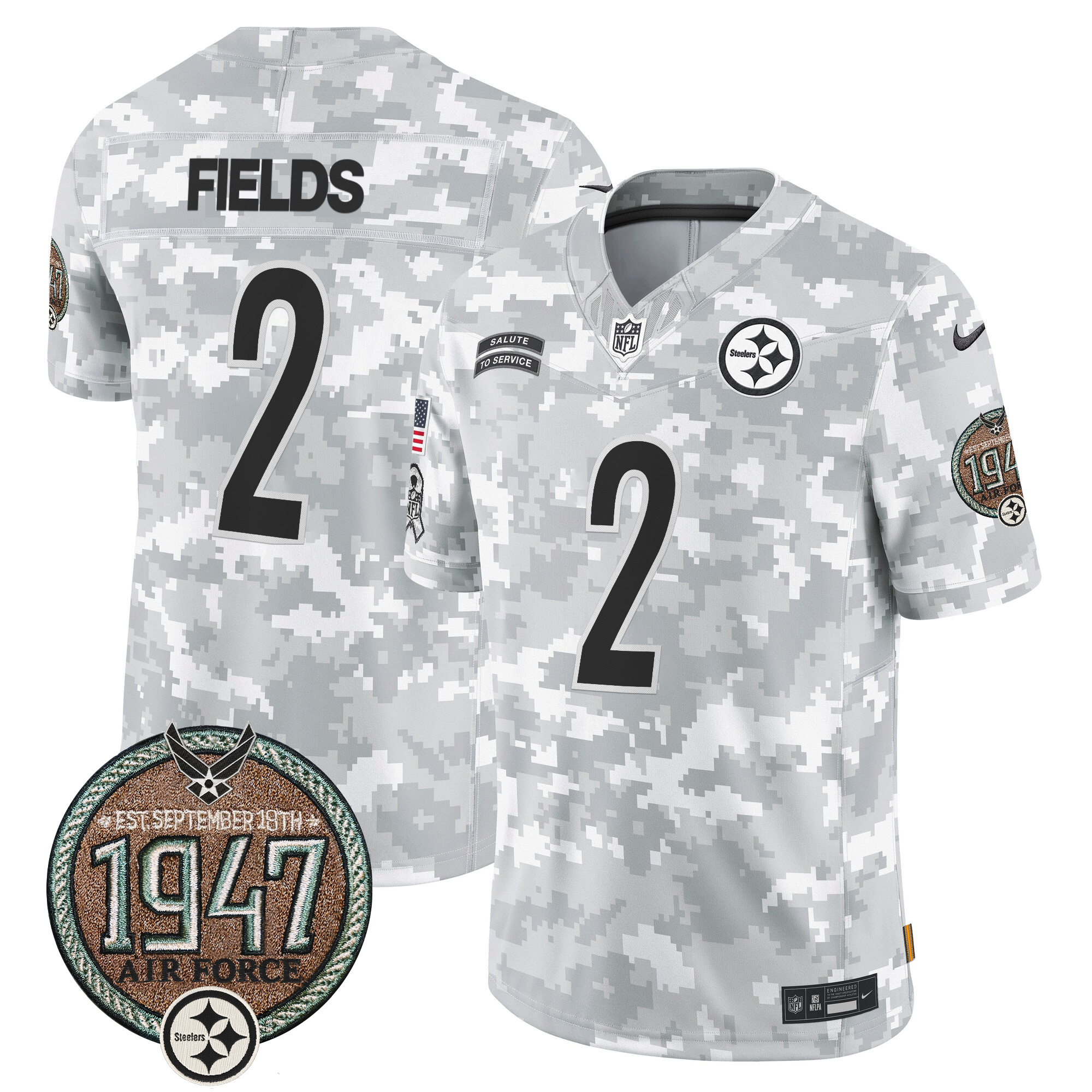 Justin Fields Men's Pittsburgh Steelers 2024 Salute to Service Establishment Year Patch Vapor Limited Air Force Jersey - All Stitched