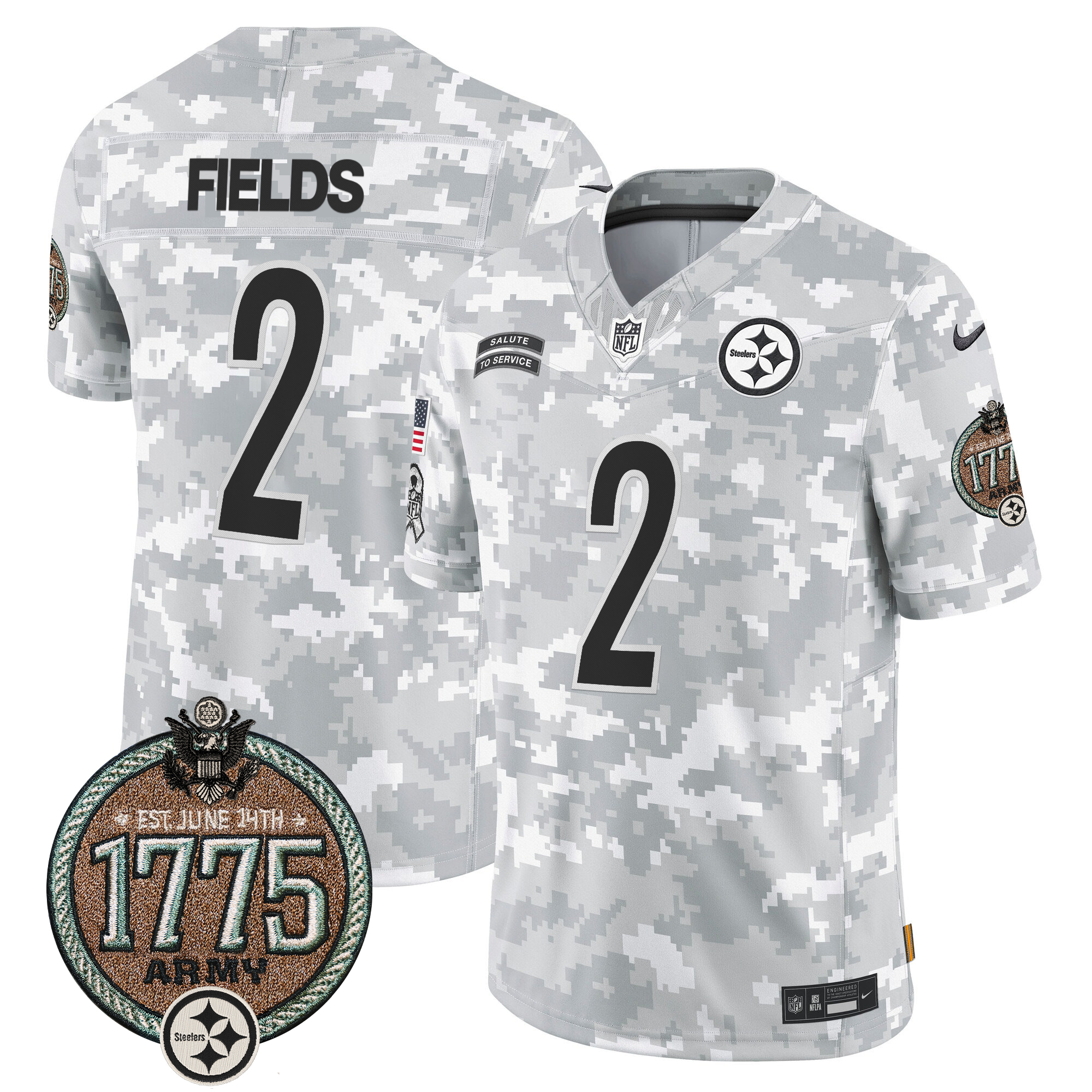 Justin Fields Men's Pittsburgh Steelers 2024 Salute to Service Establishment Year Patch Vapor Limited Army Jersey - All Stitched