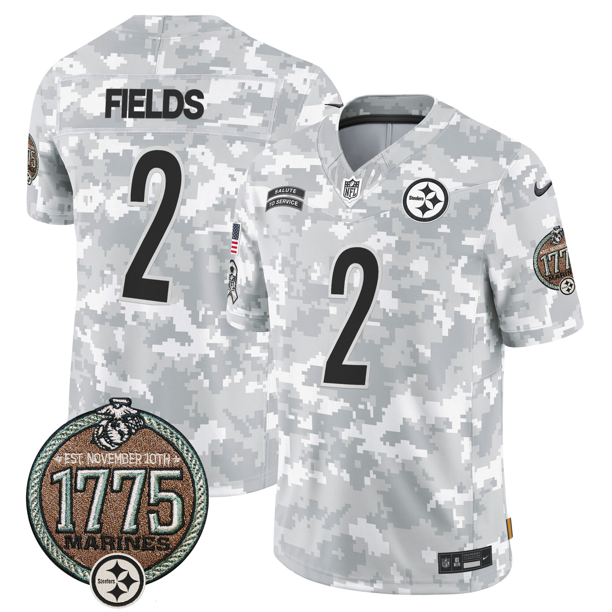 Justin Fields Men's Pittsburgh Steelers 2024 Salute to Service Establishment Year Patch Vapor Limited Marines Jersey - All Stitched