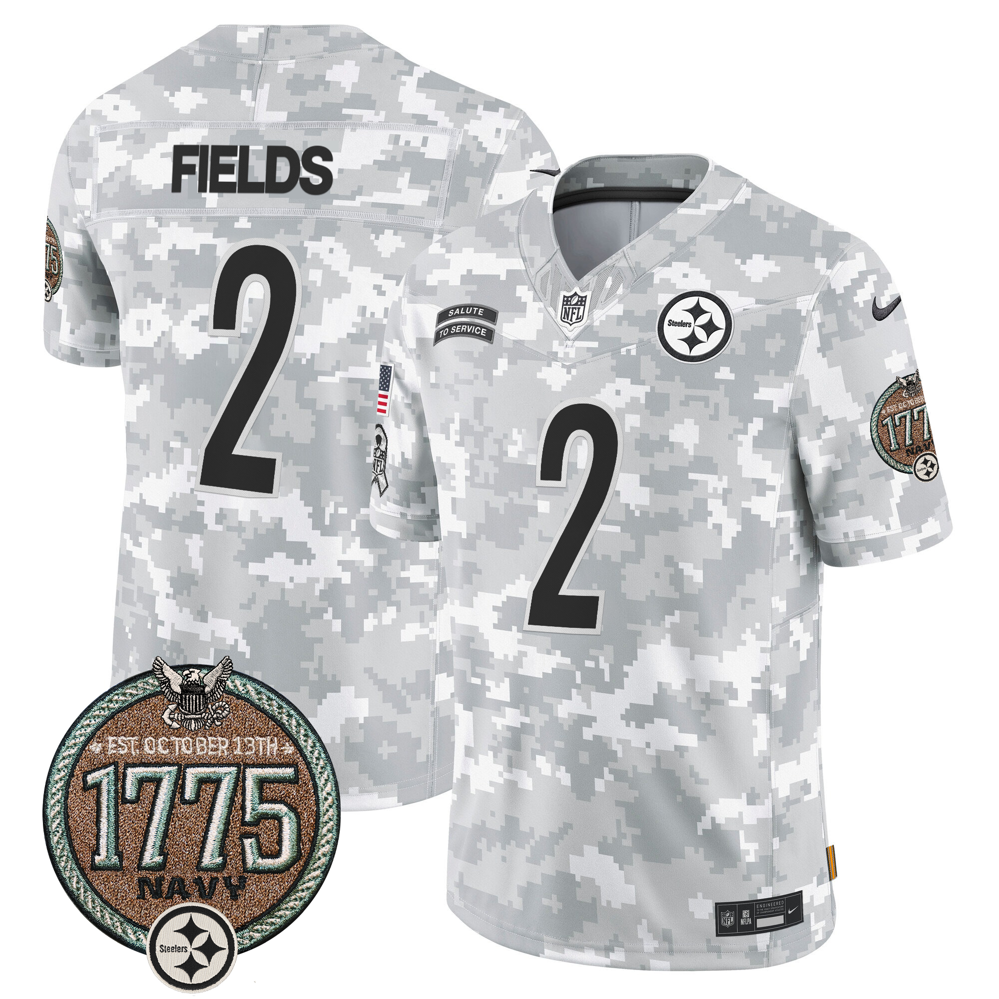 Justin Fields Men's Pittsburgh Steelers 2024 Salute to Service Establishment Year Patch Vapor Limited Navy Jersey - All Stitched
