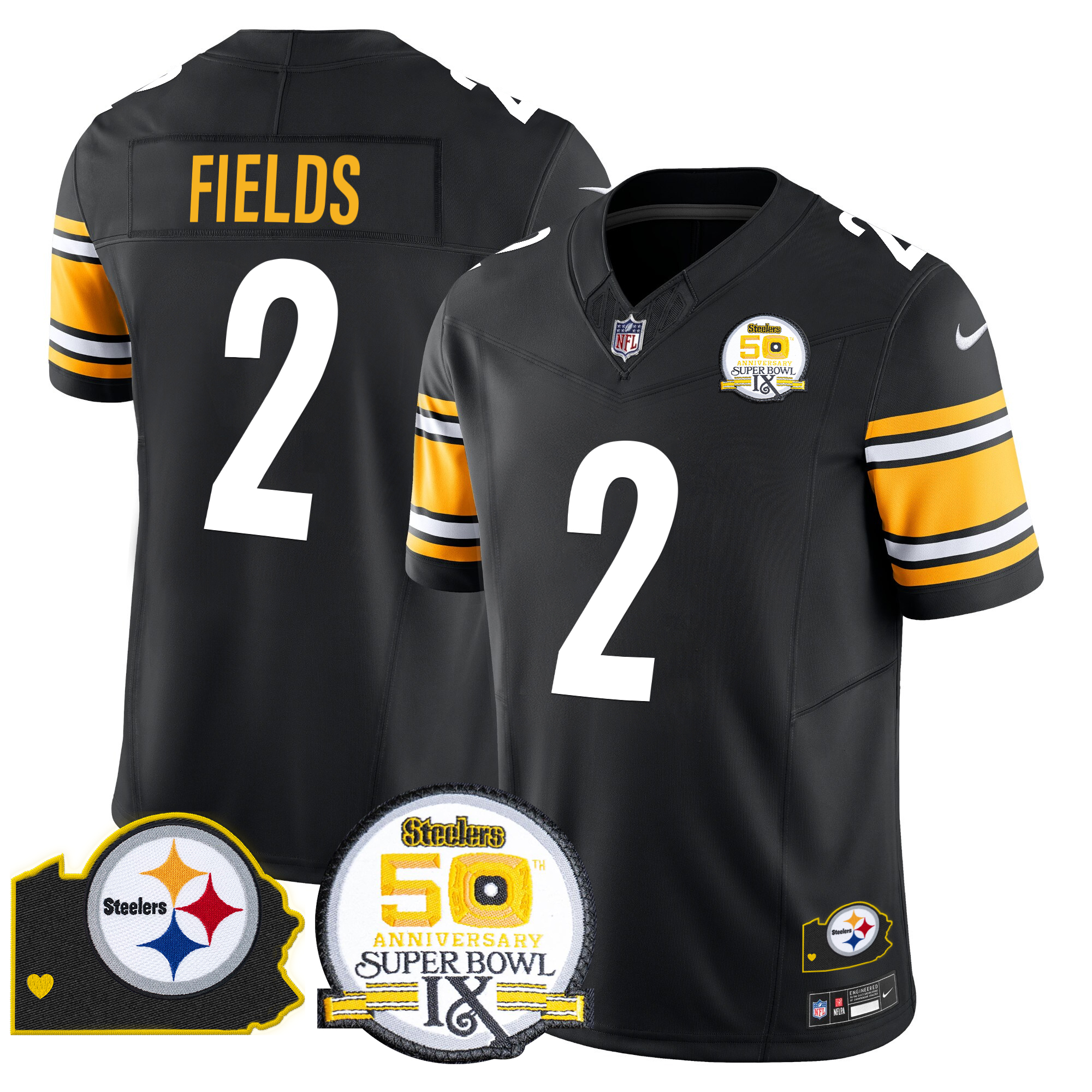 Justin Fields Men's Pittsburgh Steelers 50th Anniversary Of Super Bowl IX & Map Patch Vapor Limited Black Jersey - All Stitched