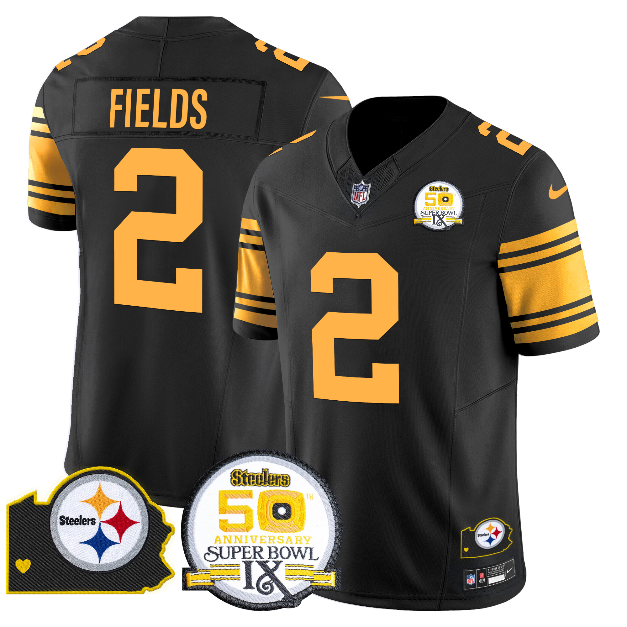 Justin Fields Men's Pittsburgh Steelers 50th Anniversary Of Super Bowl IX & Map Patch Vapor Limited Color Rush Jersey - All Stitched