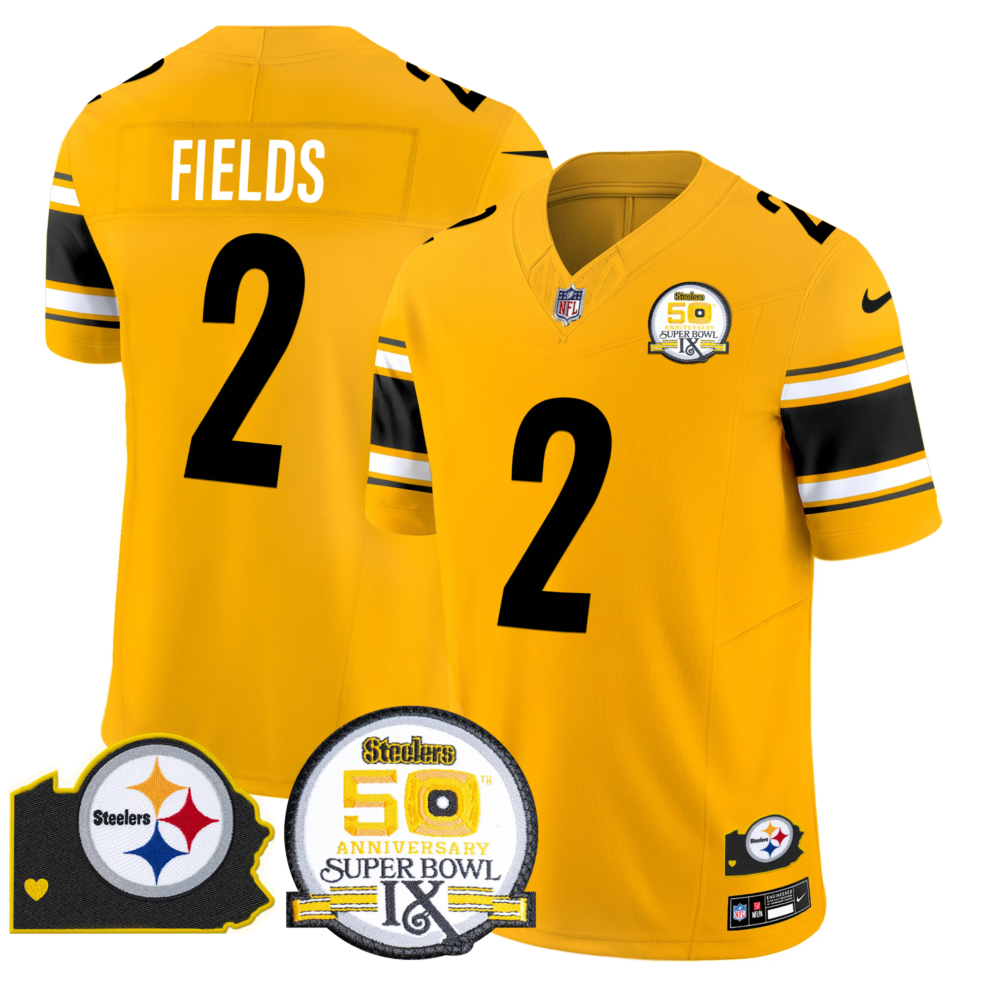 Justin Fields Men's Pittsburgh Steelers 50th Anniversary Of Super Bowl IX & Map Patch Vapor Limited Gold Jersey - All Stitched