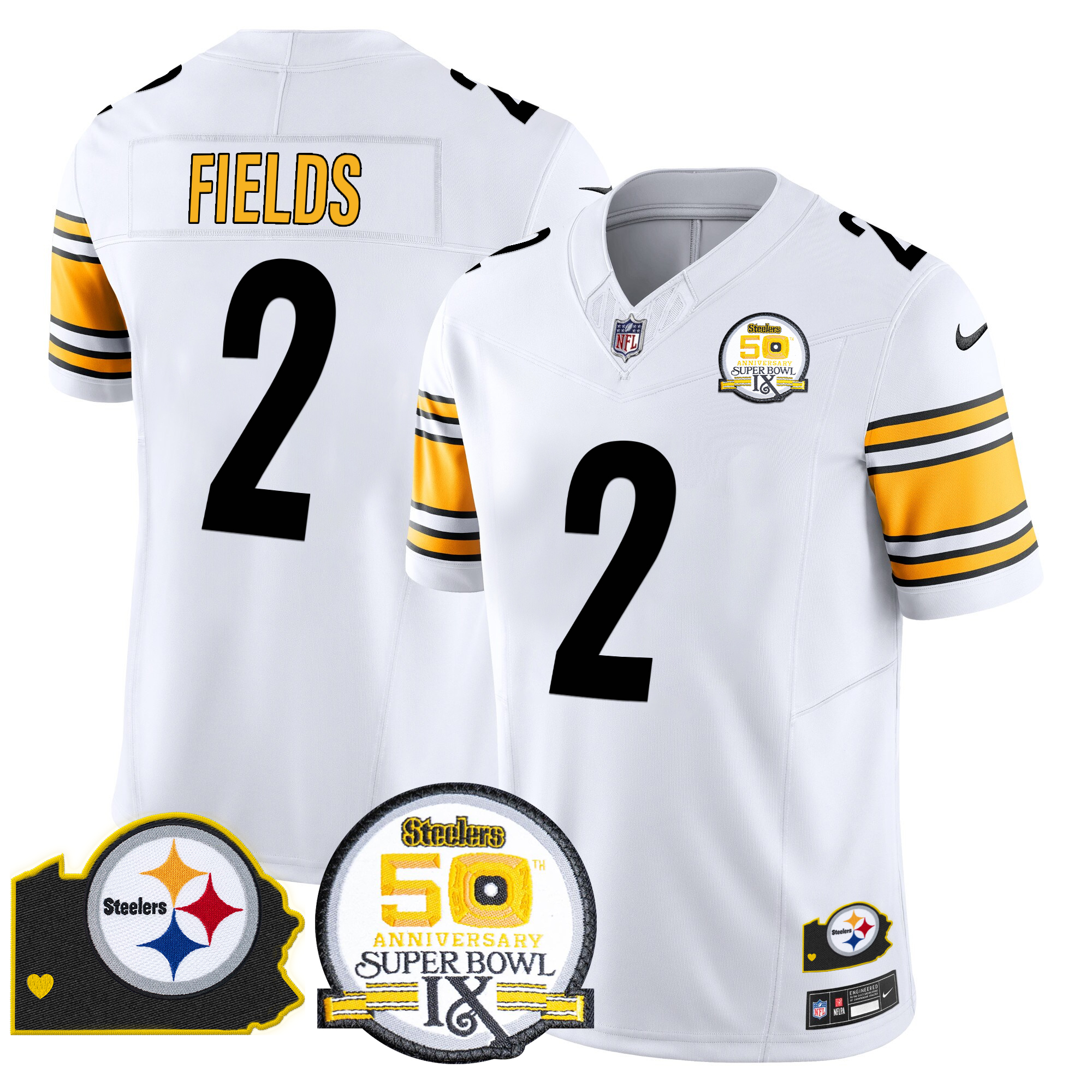 Justin Fields Men's Pittsburgh Steelers 50th Anniversary Of Super Bowl IX & Map Patch Vapor Limited White Jersey - All Stitched