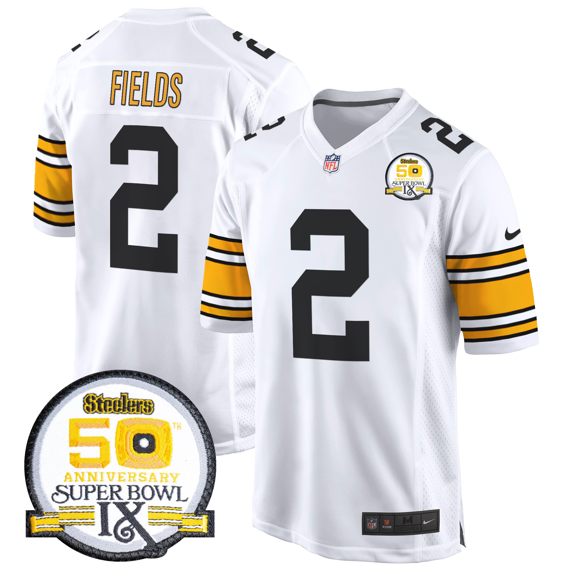 Justin Fields Men's Pittsburgh Steelers 50th Anniversary Of Super Bowl IX Patch Game 1975 White Jersey - All Stitched