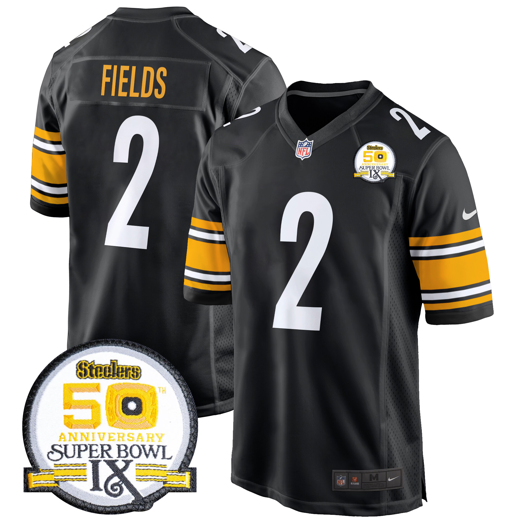 Justin Fields Men's Pittsburgh Steelers 50th Anniversary Of Super Bowl IX Patch Game Black Jersey - All Stitched