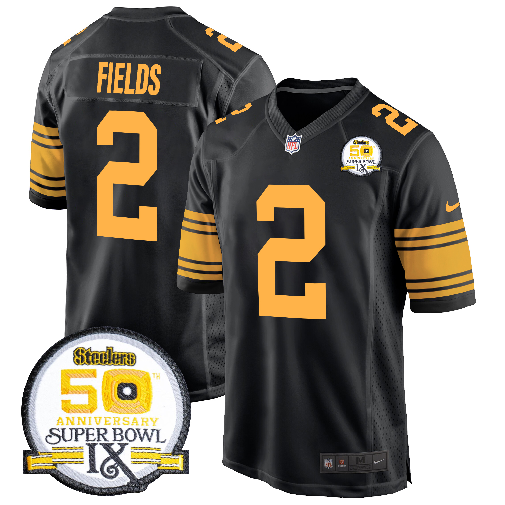 Justin Fields Men's Pittsburgh Steelers 50th Anniversary Of Super Bowl IX Patch Game Color Rush Jersey - All Stitched