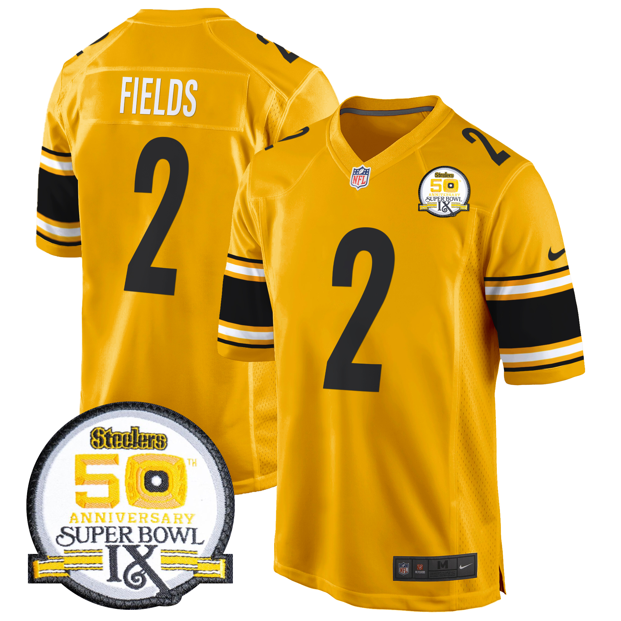 Justin Fields Men's Pittsburgh Steelers 50th Anniversary Of Super Bowl IX Patch Game Gold Jersey - All Stitched