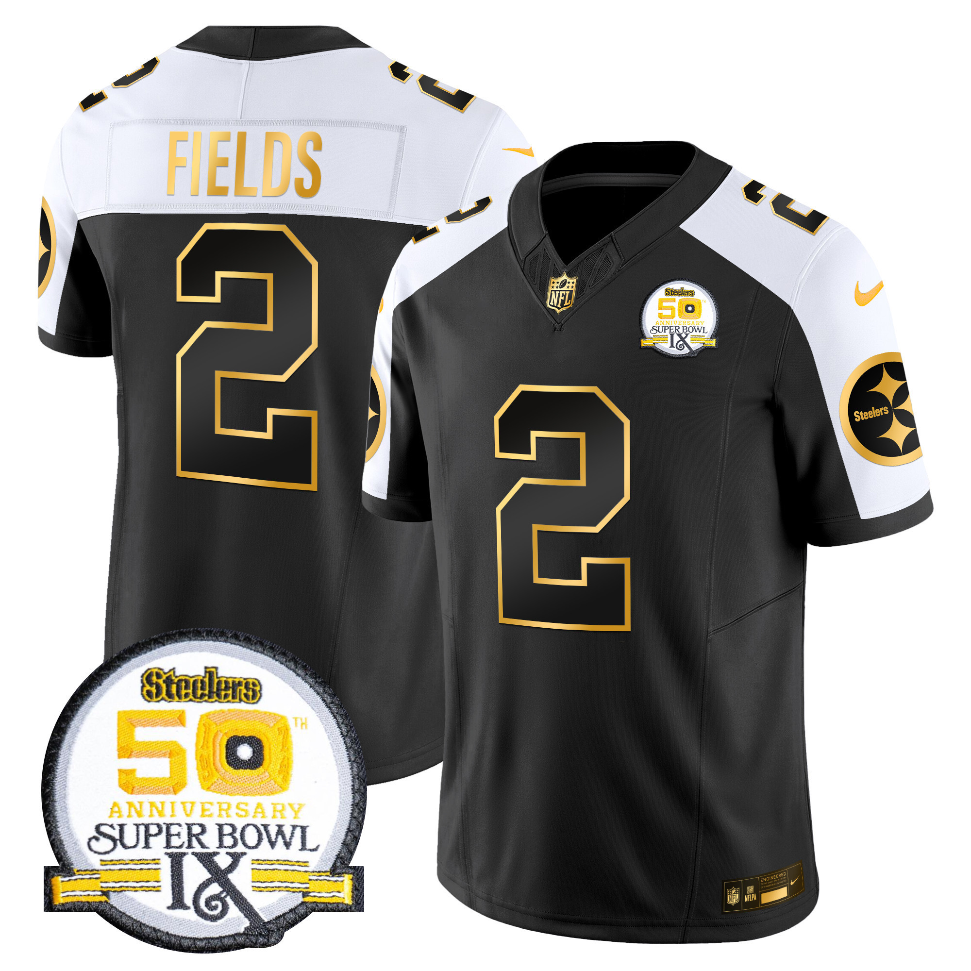Justin Fields Men's Pittsburgh Steelers 50th Anniversary of Super Bowl IX Patch Gold Vapor Limited Alternate Jersey - All Stitched