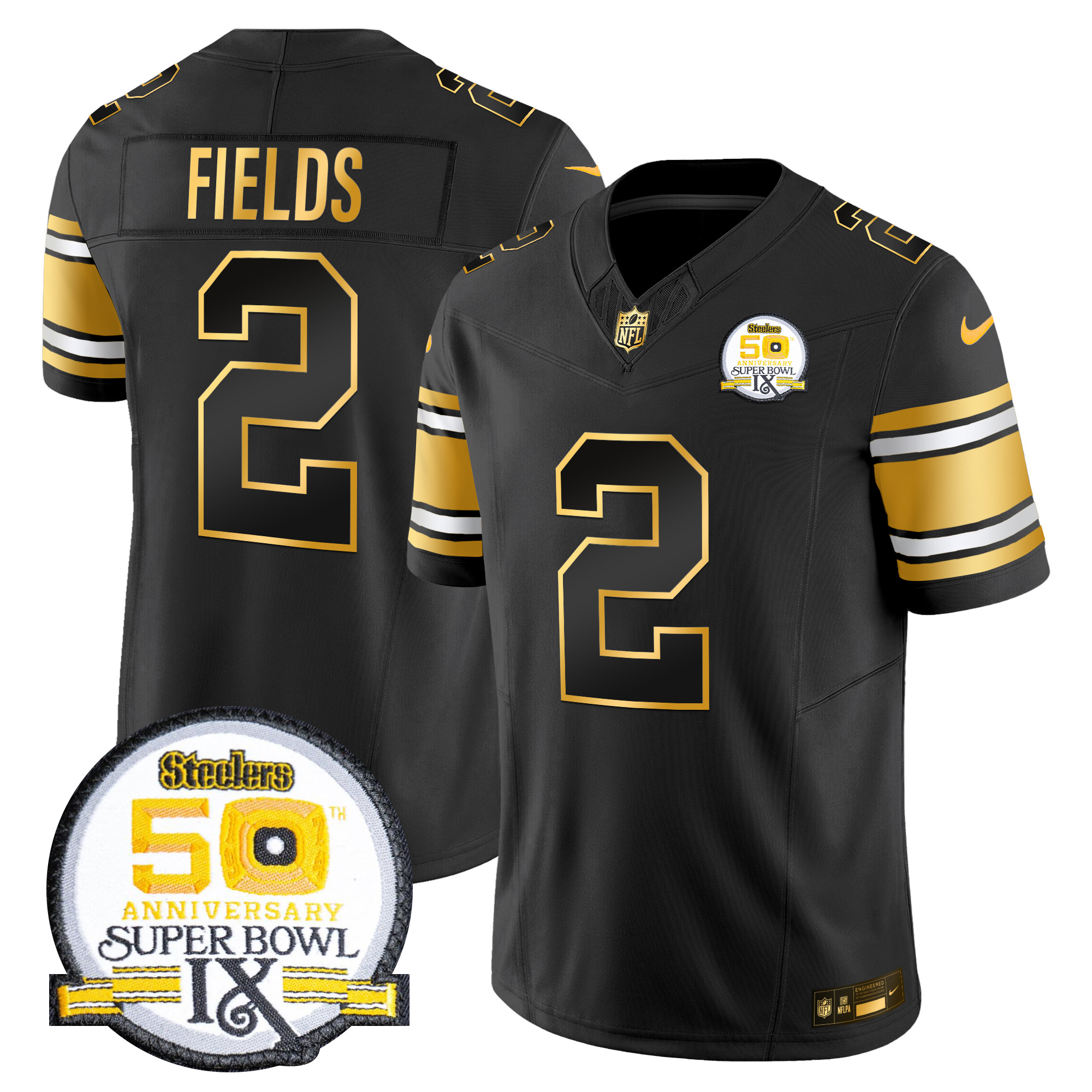 Justin Fields Men's Pittsburgh Steelers 50th Anniversary of Super Bowl IX Patch Gold Vapor Limited Black Gold Jersey - All Stitched