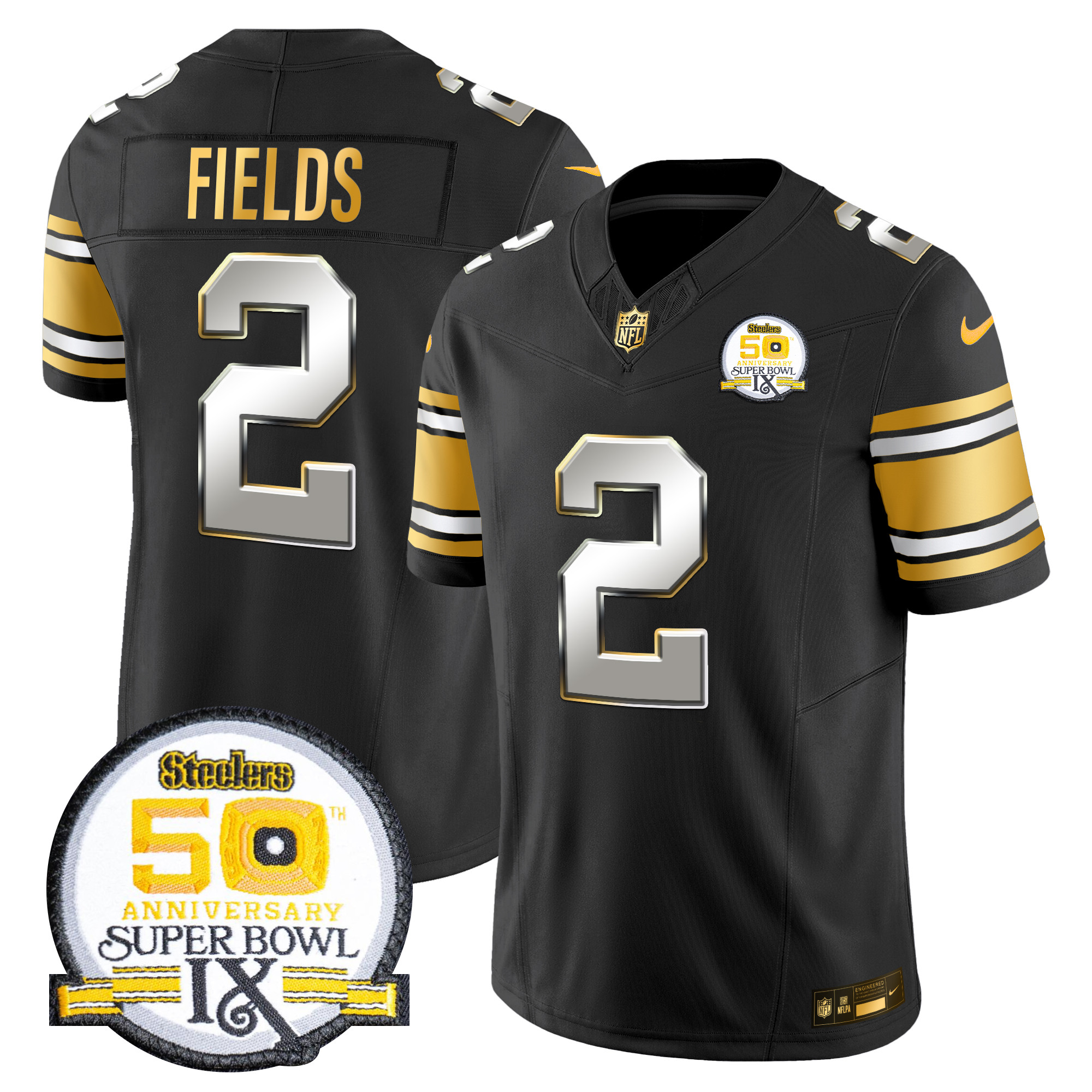 Justin Fields Men's Pittsburgh Steelers 50th Anniversary of Super Bowl IX Patch Gold Vapor Limited Black Limited Jersey - All Stitched