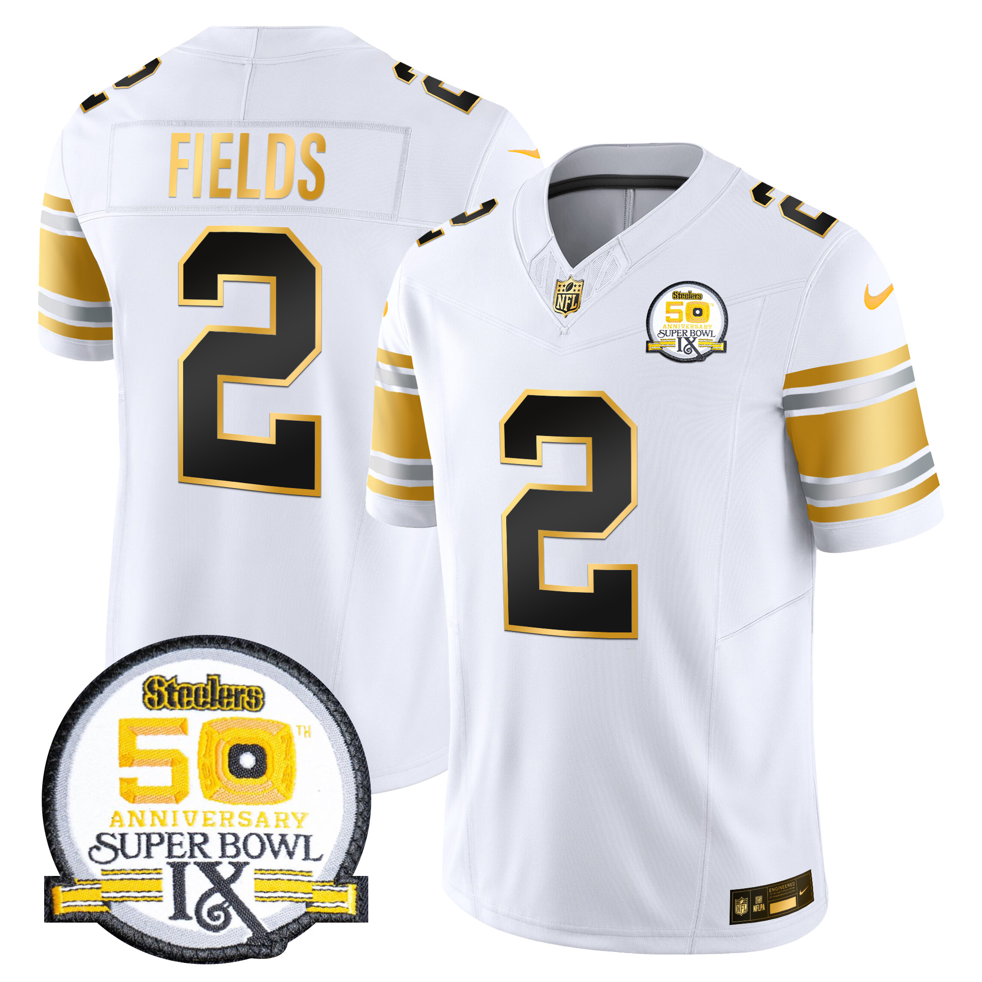 Justin Fields Men's Pittsburgh Steelers 50th Anniversary of Super Bowl IX Patch Gold Vapor Limited White Gold Jersey - All Stitched