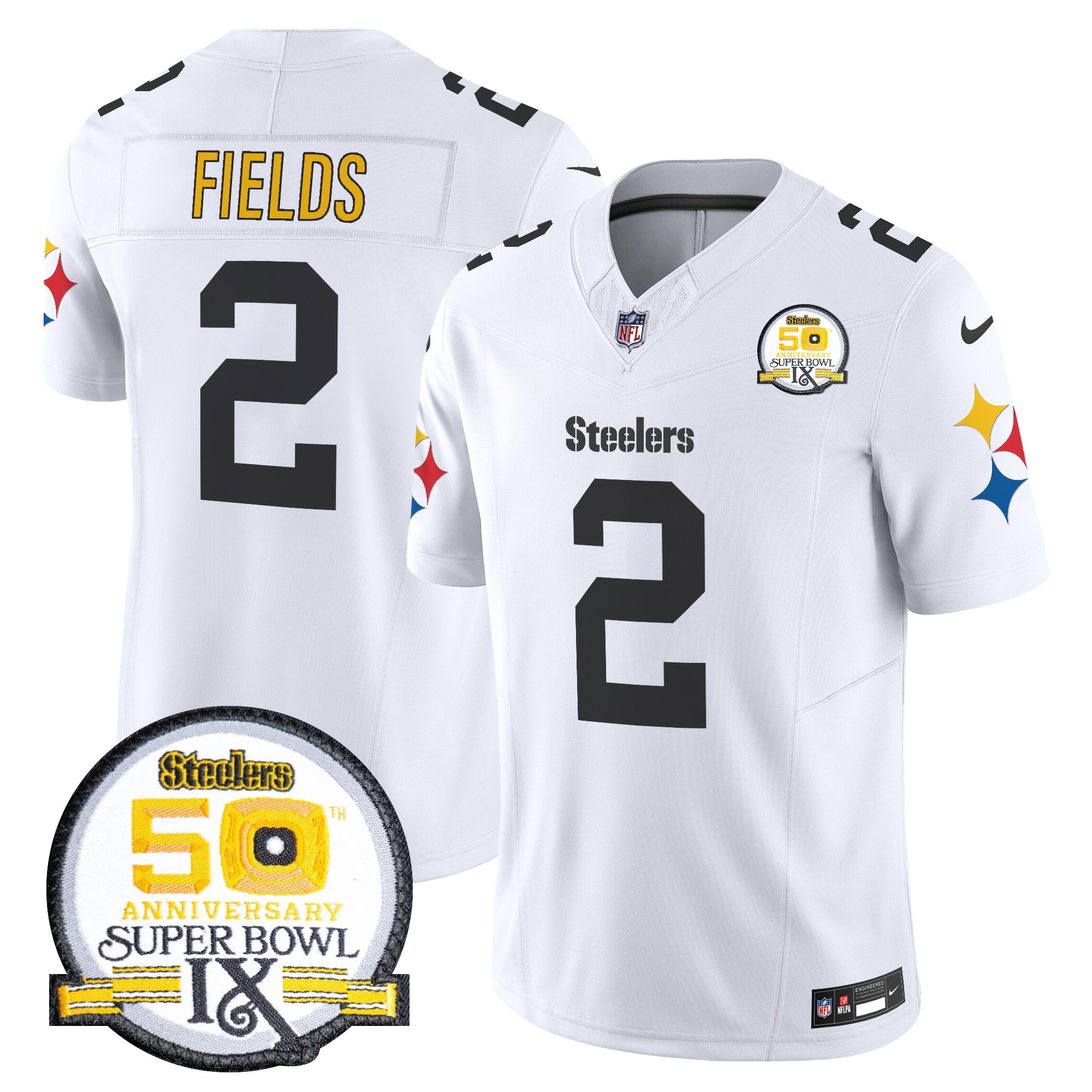 Justin Fields Men's Pittsburgh Steelers 50th Anniversary Of Super Bowl IX Patch Vapor Limited 1975 White Jersey - All Stitched