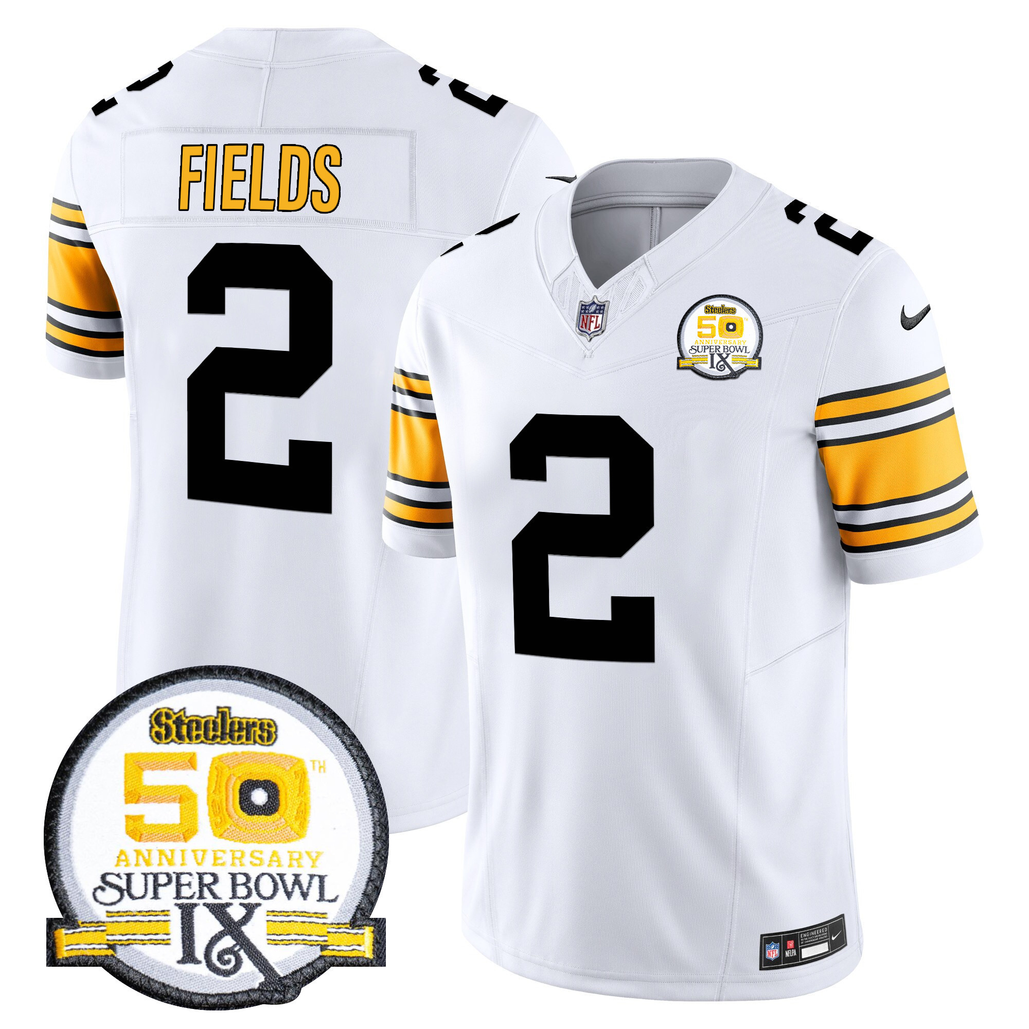 Justin Fields Men's Pittsburgh Steelers 50th Anniversary Of Super Bowl IX Patch Vapor Limited 1975 White Jersey - All Stitched