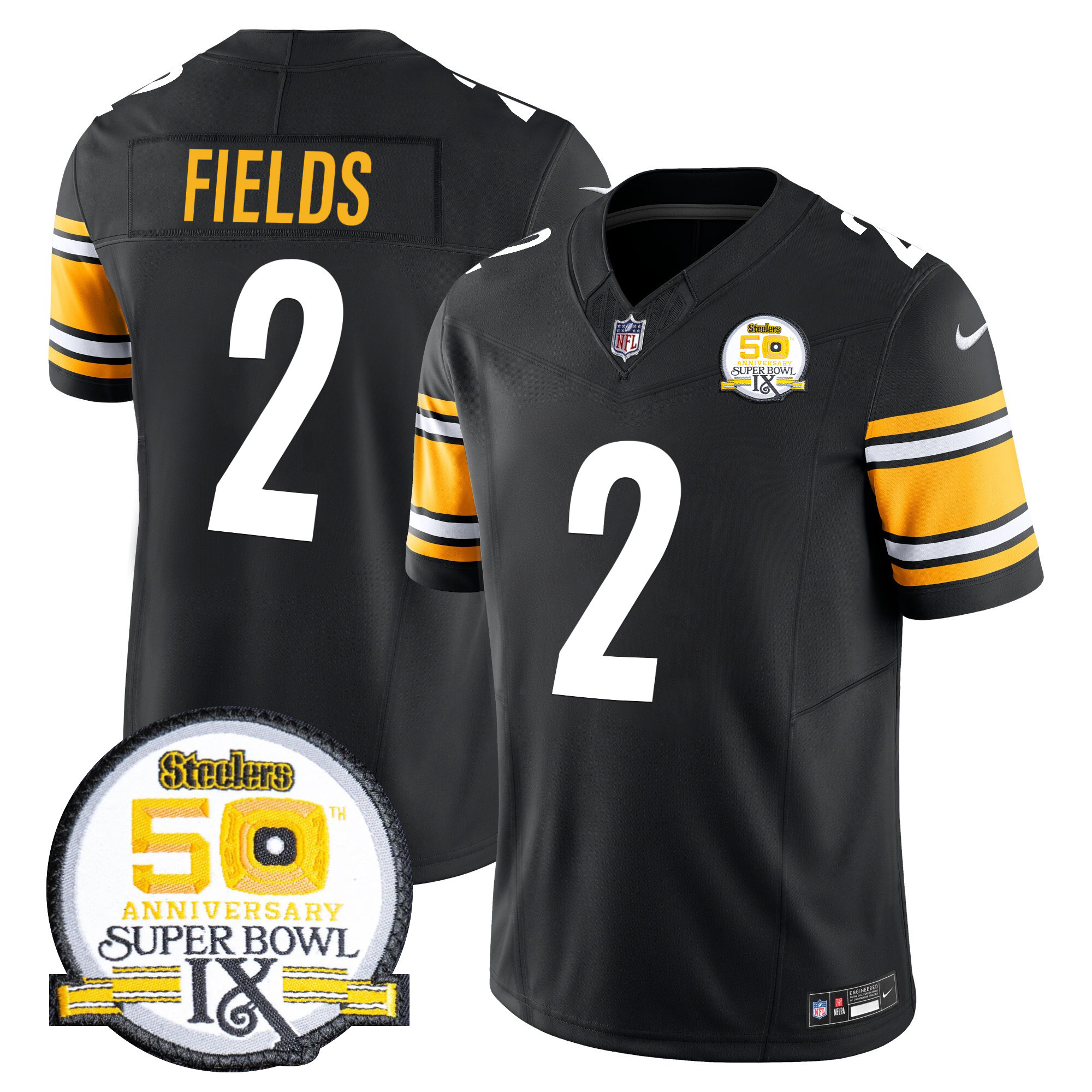 Justin Fields Men's Pittsburgh Steelers 50th Anniversary Of Super Bowl IX Patch Vapor Limited Black Jersey - All Stitched