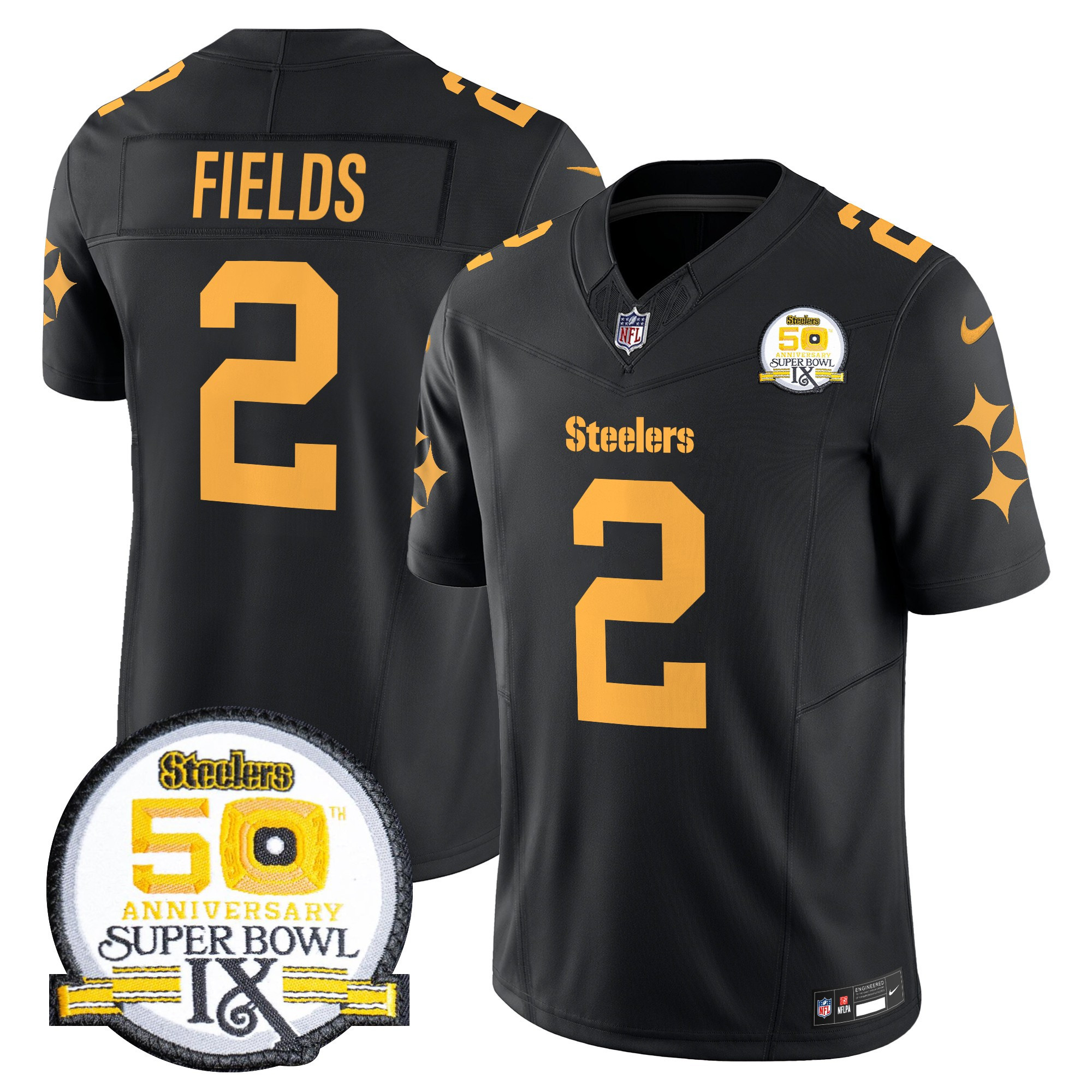 Justin Fields Men's Pittsburgh Steelers 50th Anniversary Of Super Bowl IX Patch Vapor Limited Color Rush Jersey - All Stitched