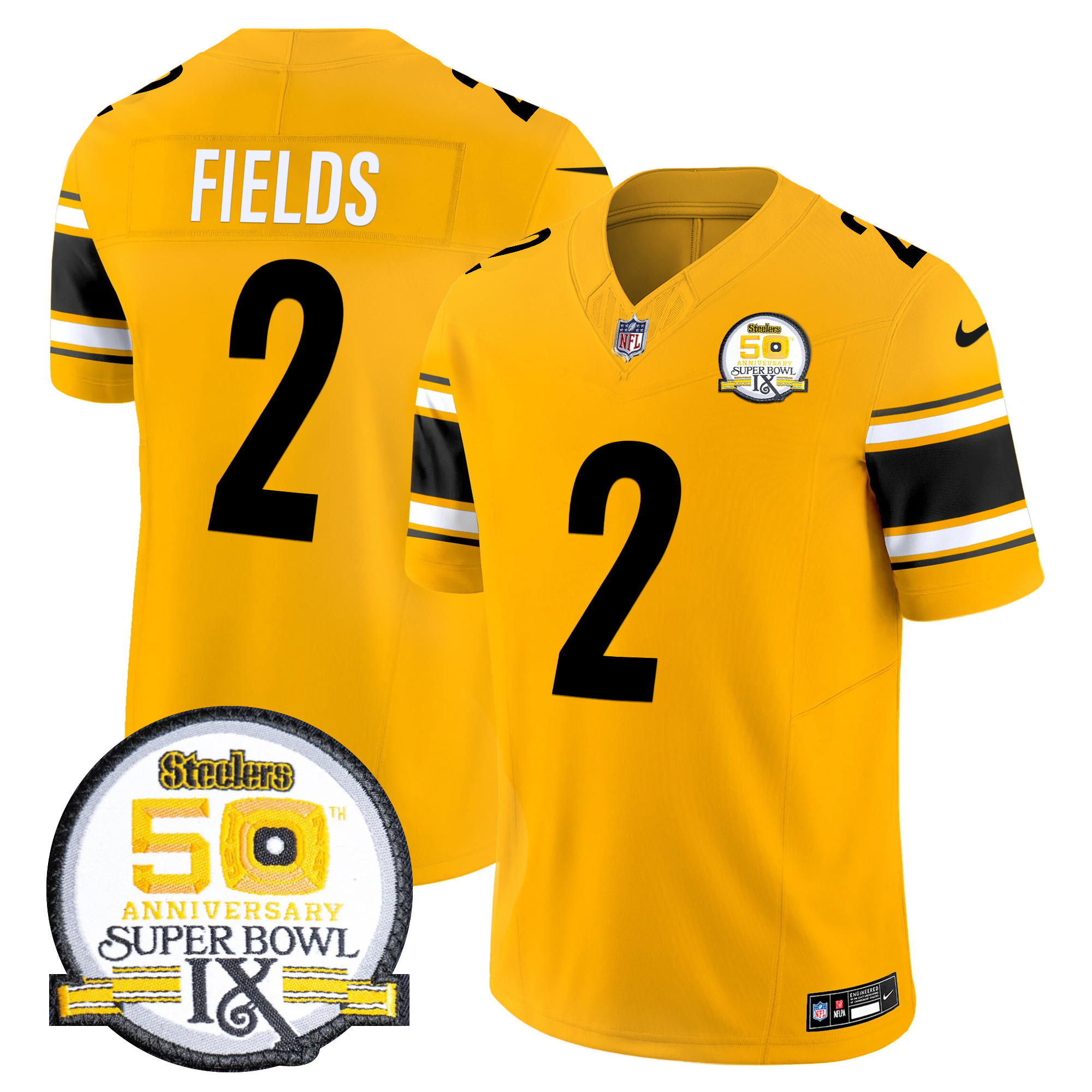 Justin Fields Men's Pittsburgh Steelers 50th Anniversary Of Super Bowl IX Patch Vapor Limited Gold Jersey - All Stitched