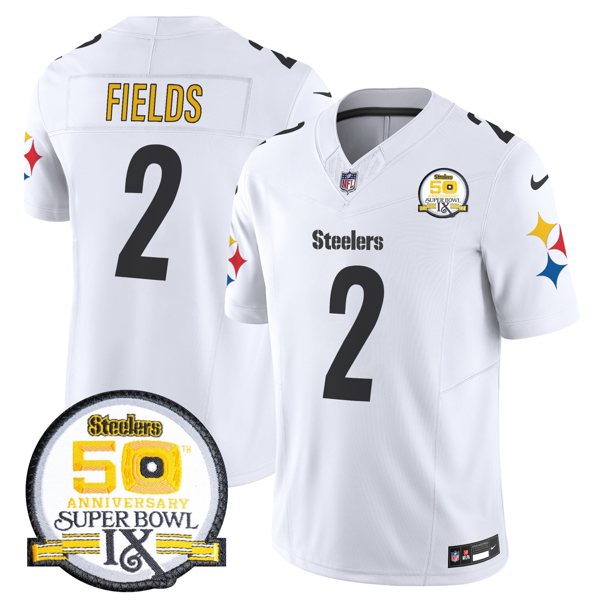 Justin Fields Men's Pittsburgh Steelers 50th Anniversary Of Super Bowl IX Patch Vapor Limited White Jersey - All Stitched