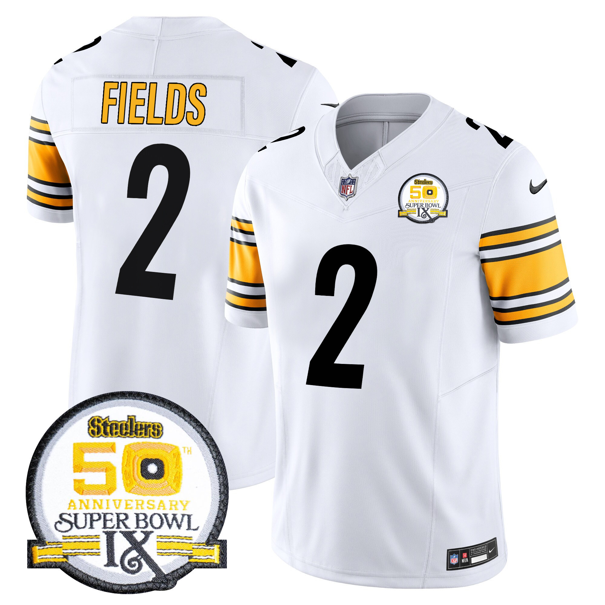 Justin Fields Men's Pittsburgh Steelers 50th Anniversary Of Super Bowl IX Patch Vapor Limited White Jersey - All Stitched