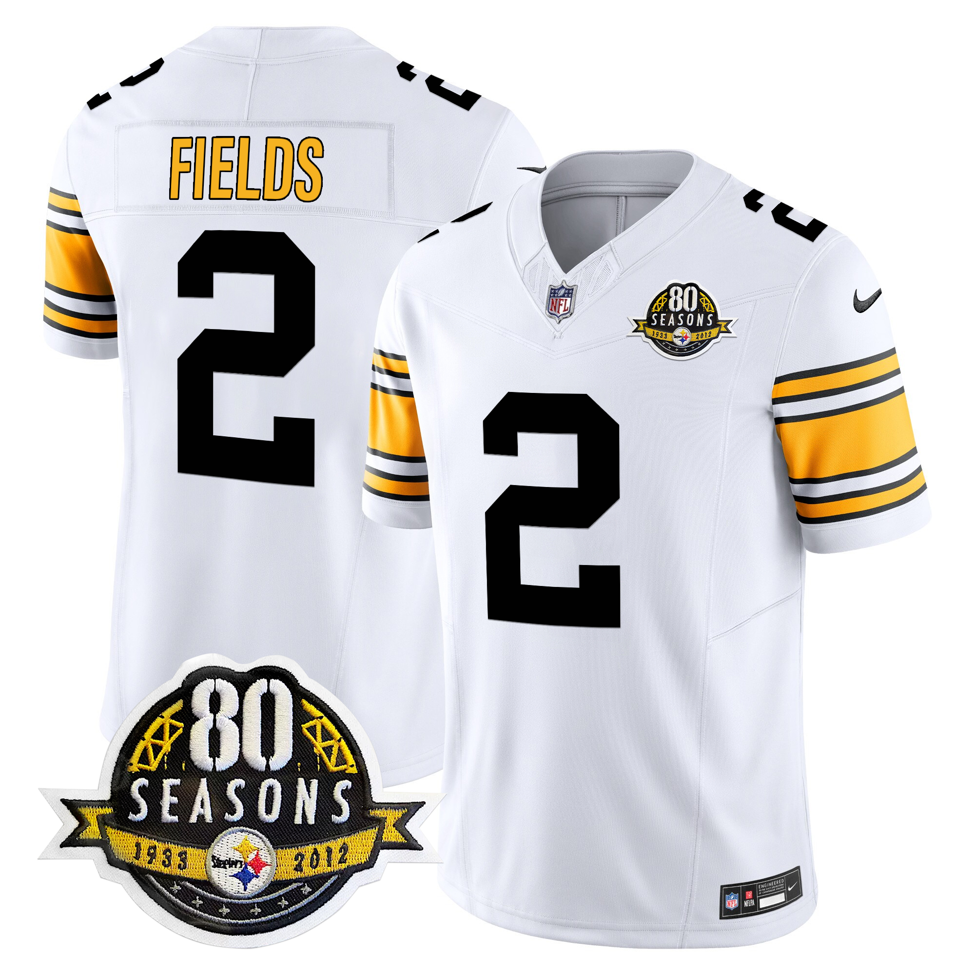 Justin Fields Men's Pittsburgh Steelers 80th Anniversary Patch Vapor Limited 1975 White Jersey - All Stitched