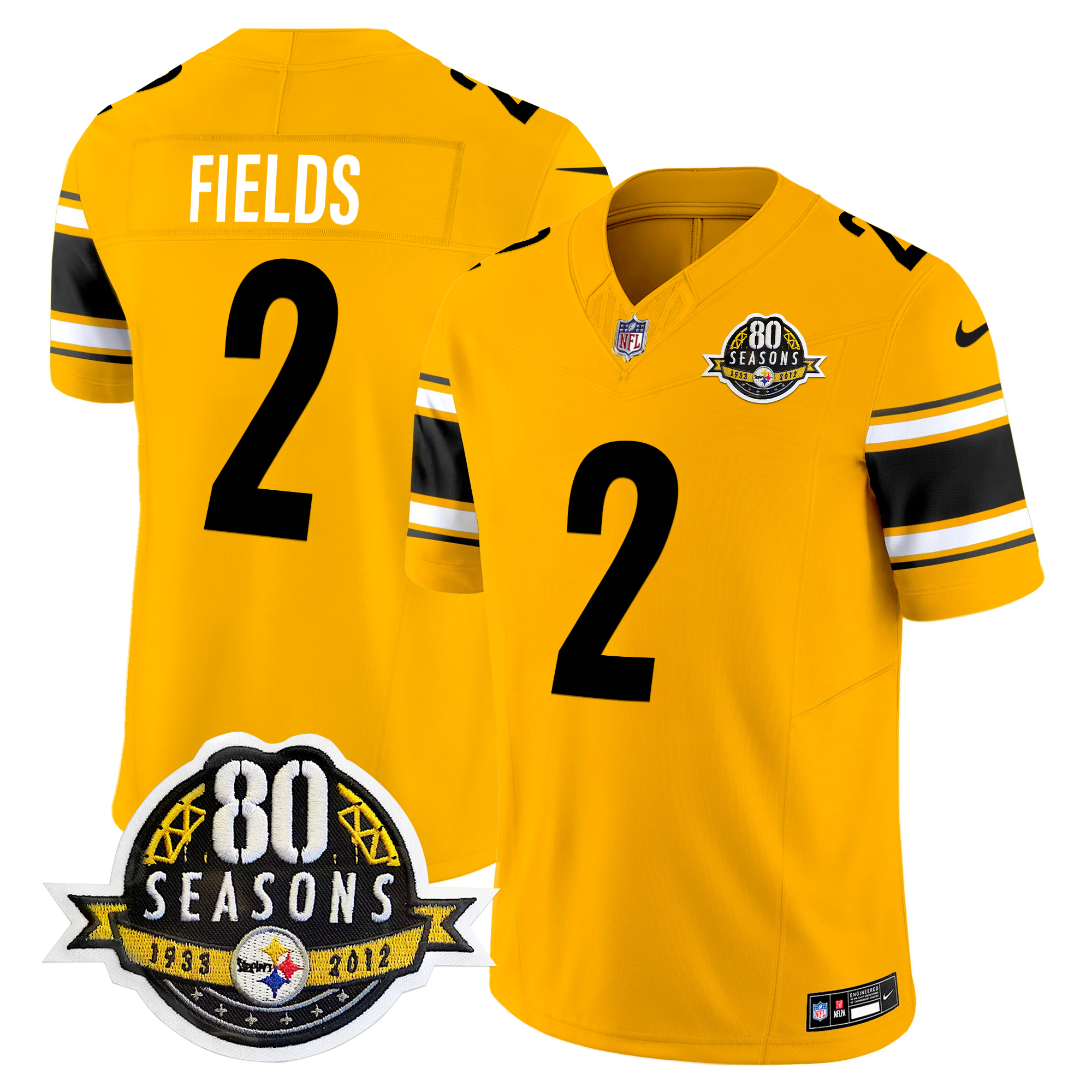 Justin Fields Men's Pittsburgh Steelers 80th Anniversary Patch Vapor Limited Gold Jersey - All Stitched