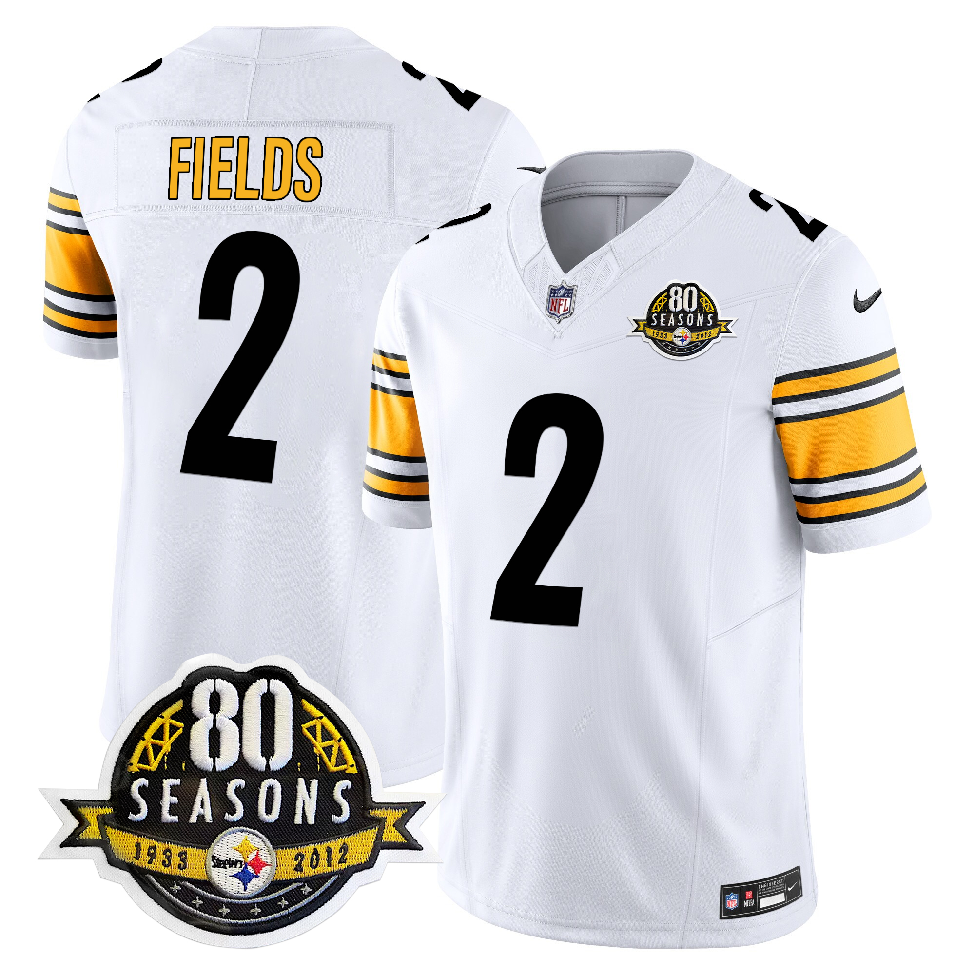 Justin Fields Men's Pittsburgh Steelers 80th Anniversary Patch Vapor Limited White Jersey - All Stitched