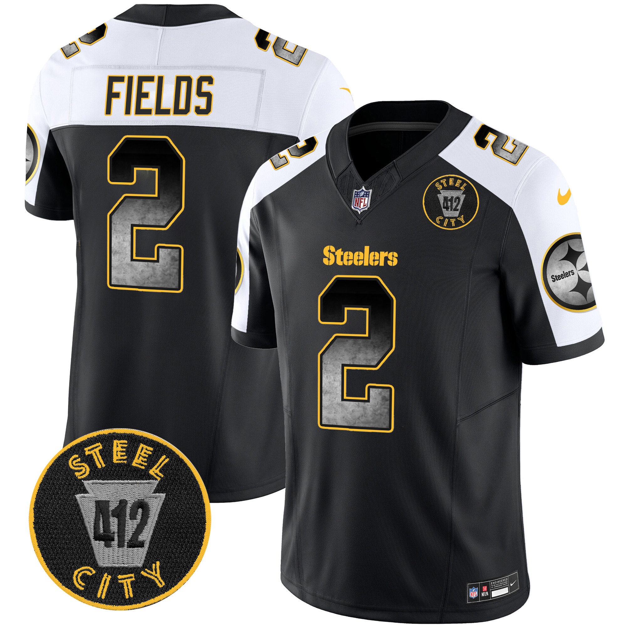 Justin Fields Men's Pittsburgh Steelers Arch Smoke 412 Patch Vapor Limited Alternate Jersey - All Stitched