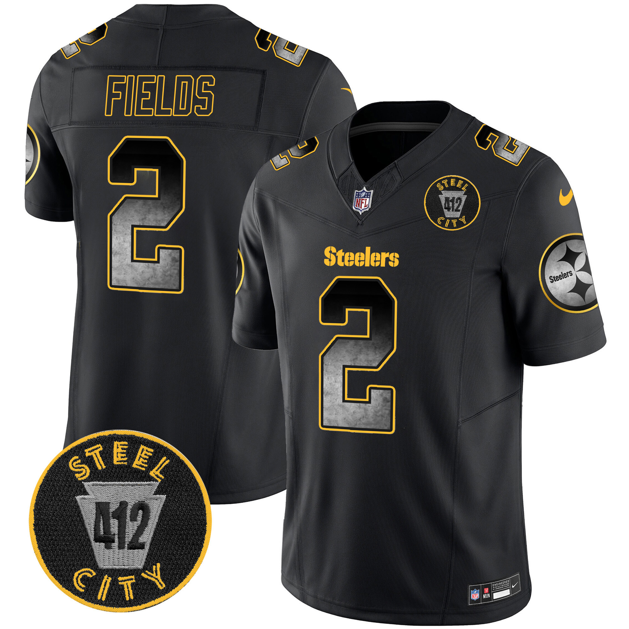 Justin Fields Men's Pittsburgh Steelers Arch Smoke 412 Patch Vapor Limited Black Jersey - All Stitched