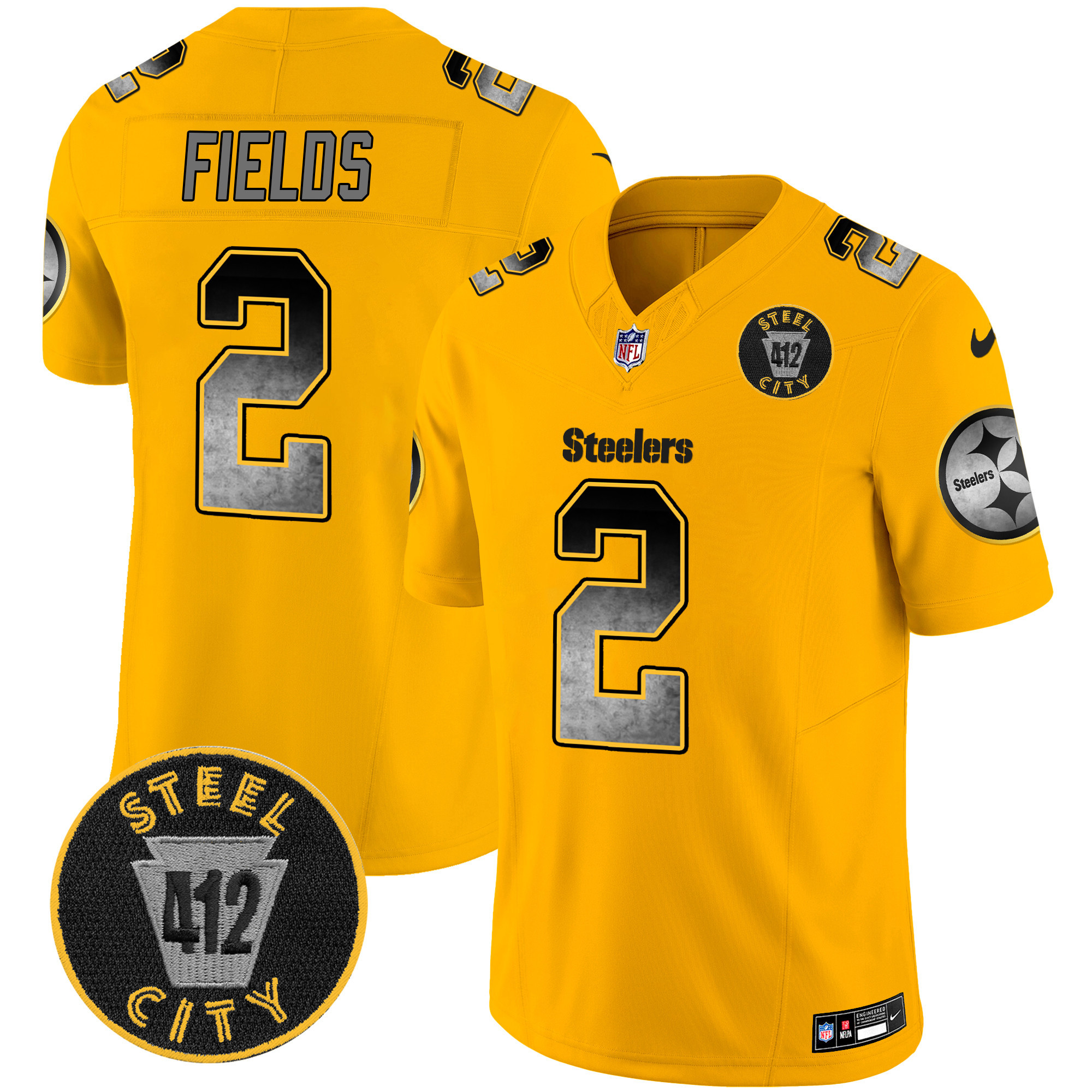 Justin Fields Men's Pittsburgh Steelers Arch Smoke 412 Patch Vapor Limited Gold Jersey - All Stitched