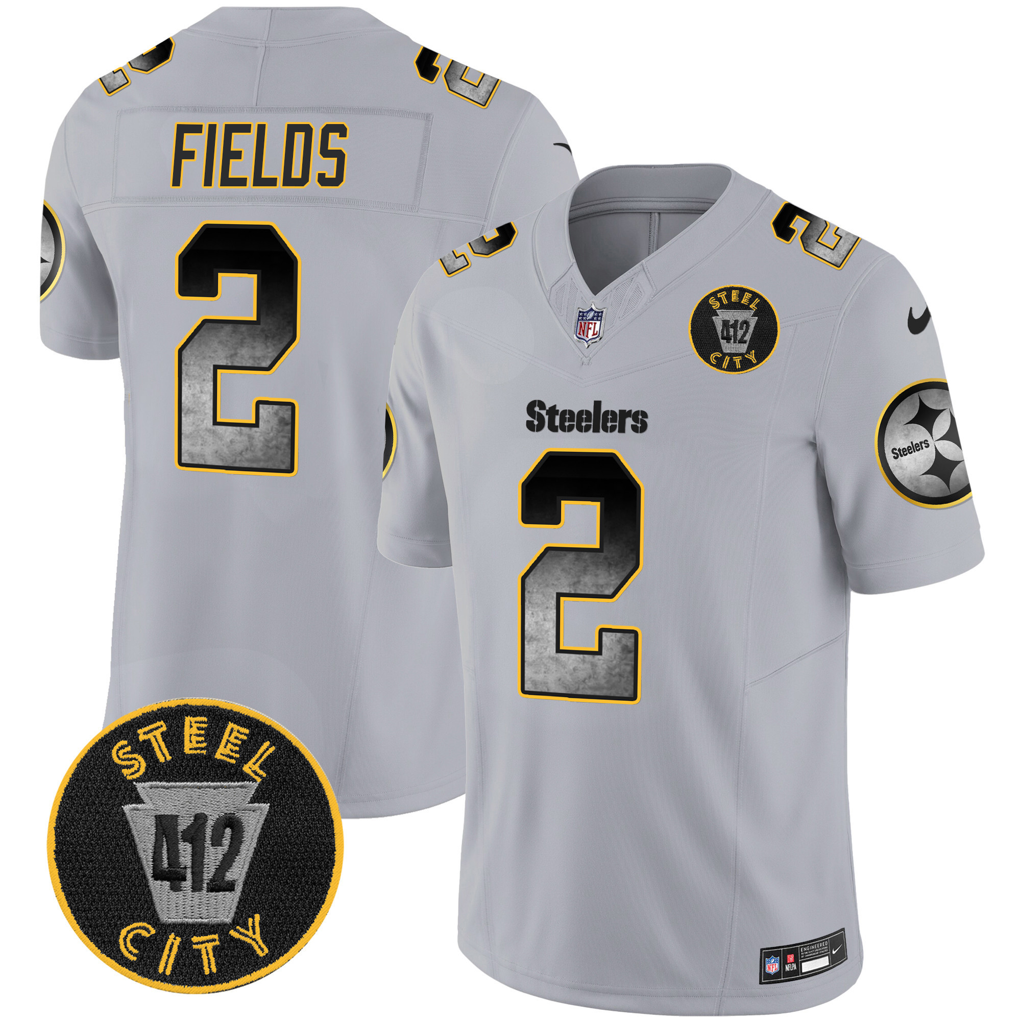 Justin Fields Men's Pittsburgh Steelers Arch Smoke 412 Patch Vapor Limited Gray Jersey - All Stitched