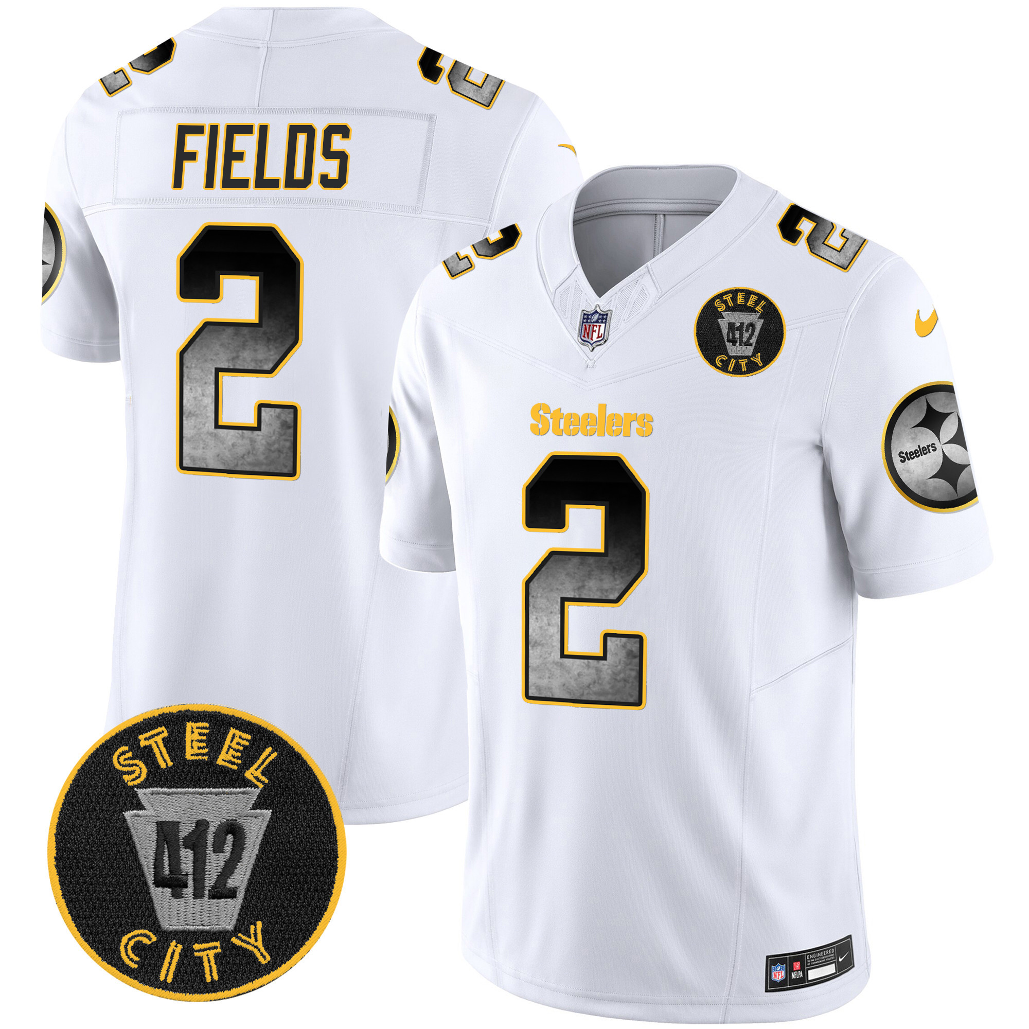 Justin Fields Men's Pittsburgh Steelers Arch Smoke 412 Patch Vapor Limited White Jersey - All Stitched