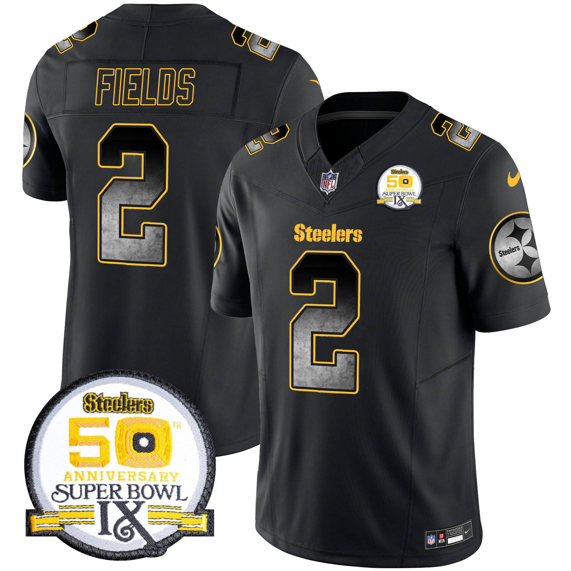 Justin Fields Men's Pittsburgh Steelers Arch Smoke 50th Anniversary Of Super Bowl IX Patch Vapor Limited Black Jersey - All Stitched
