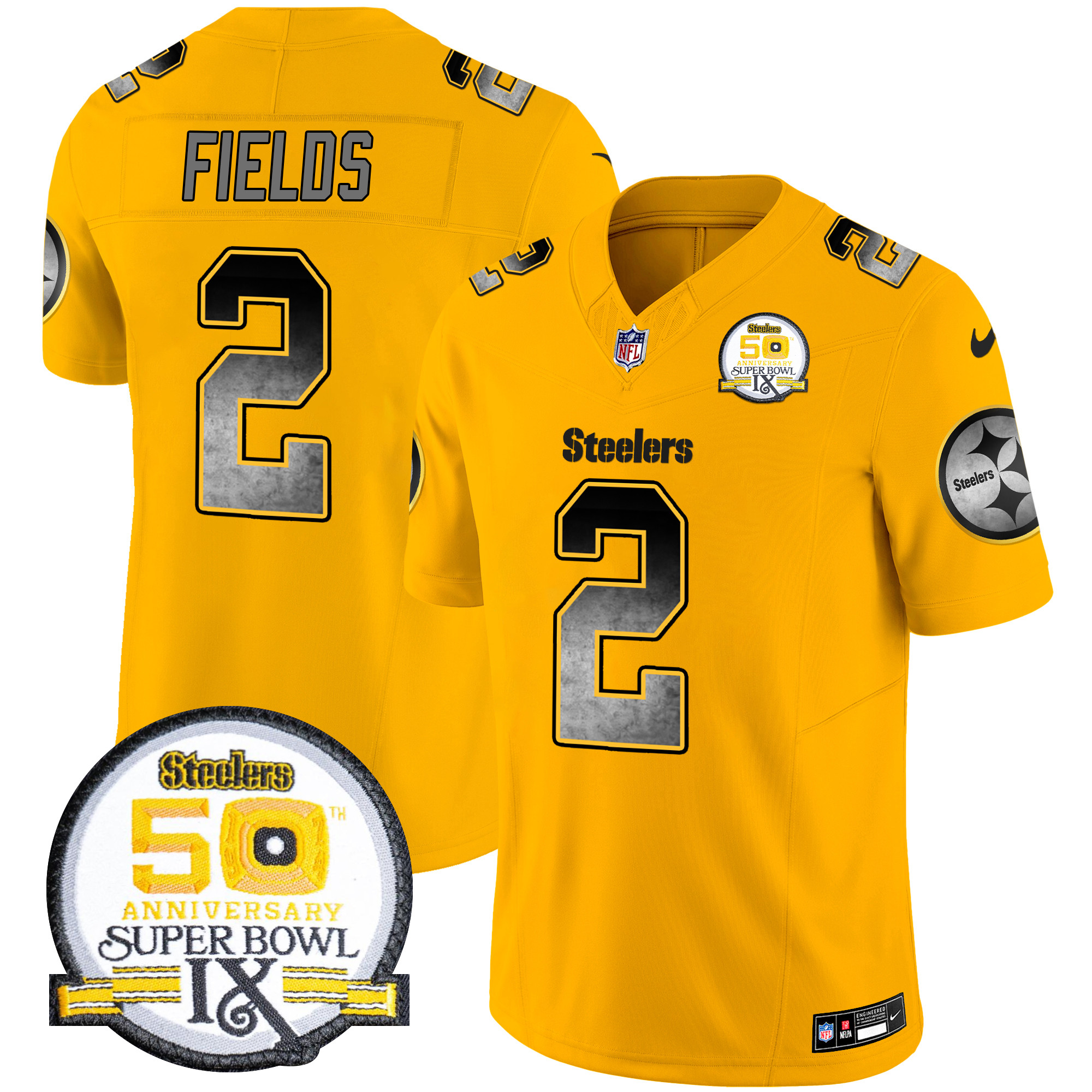 Justin Fields Men's Pittsburgh Steelers Arch Smoke 50th Anniversary Of Super Bowl IX Patch Vapor Limited Gold Jersey - All Stitched