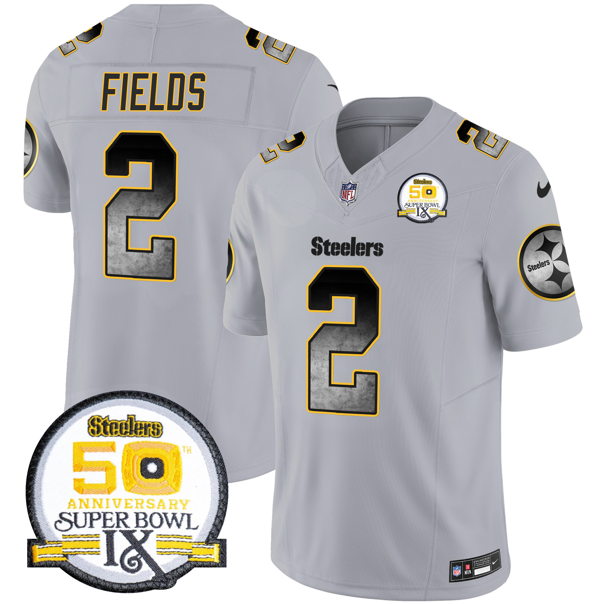 Justin Fields Men's Pittsburgh Steelers Arch Smoke 50th Anniversary Of Super Bowl IX Patch Vapor Limited Gray Jersey - All Stitched