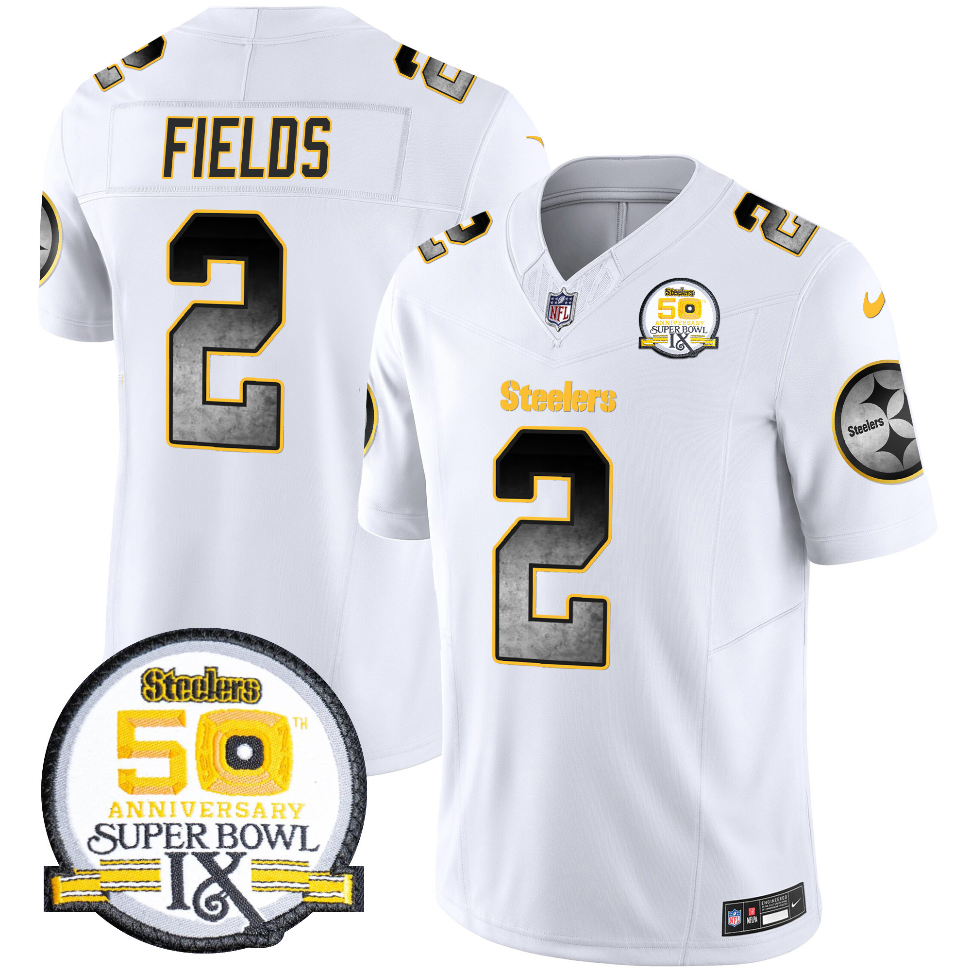 Justin Fields Men's Pittsburgh Steelers Arch Smoke 50th Anniversary Of Super Bowl IX Patch Vapor Limited White Jersey - All Stitched