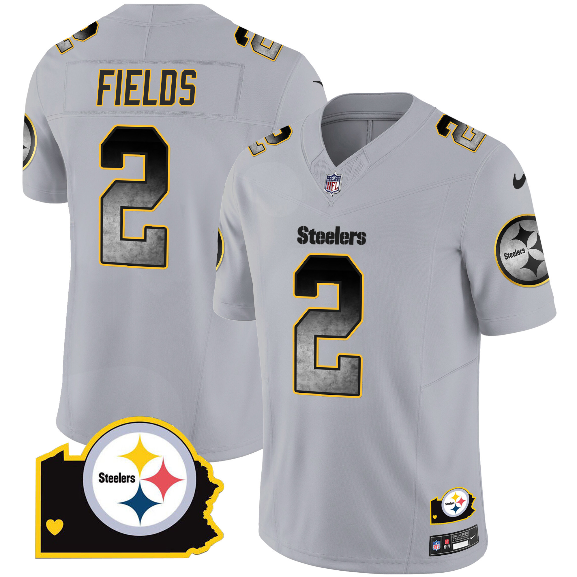 Justin Fields Men's Pittsburgh Steelers Arch Smoke Home Patch Vapor Gray Jersey - All Stitched