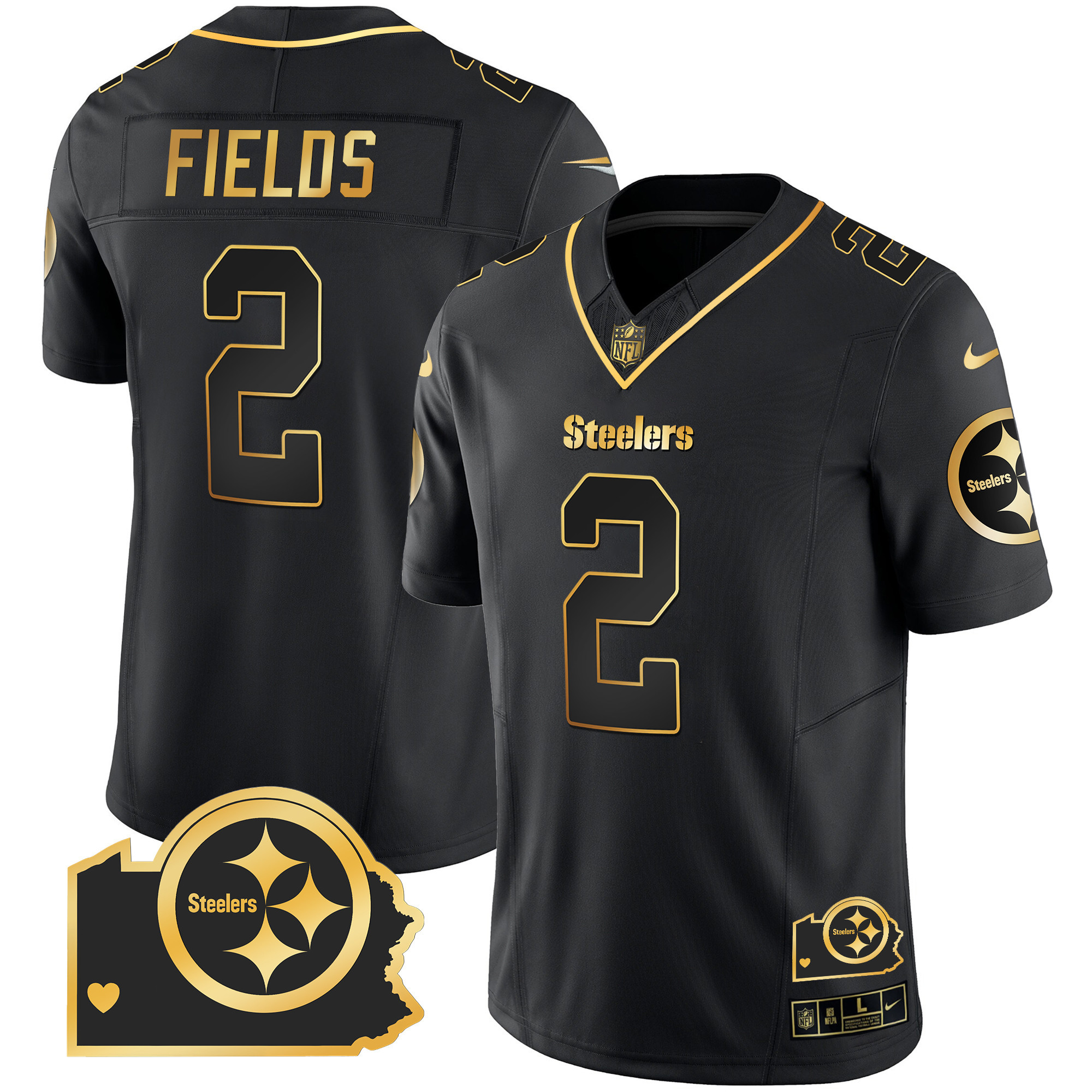 Justin Fields Men's Pittsburgh Steelers Home Patch Gold Vapor Black Gold Jersey - All Stitched