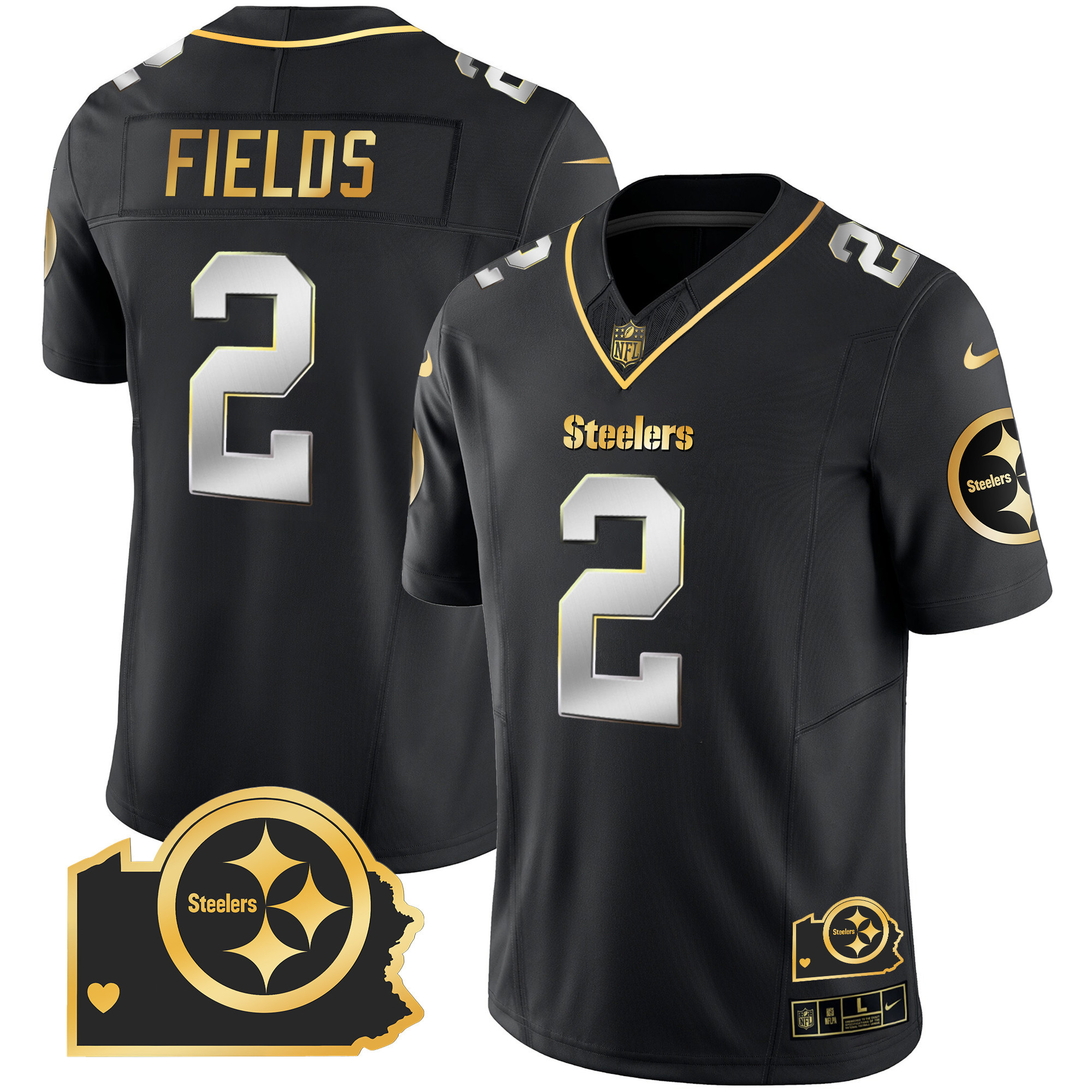 Justin Fields Men's Pittsburgh Steelers Home Patch Gold Vapor Black Limited Jersey - All Stitched