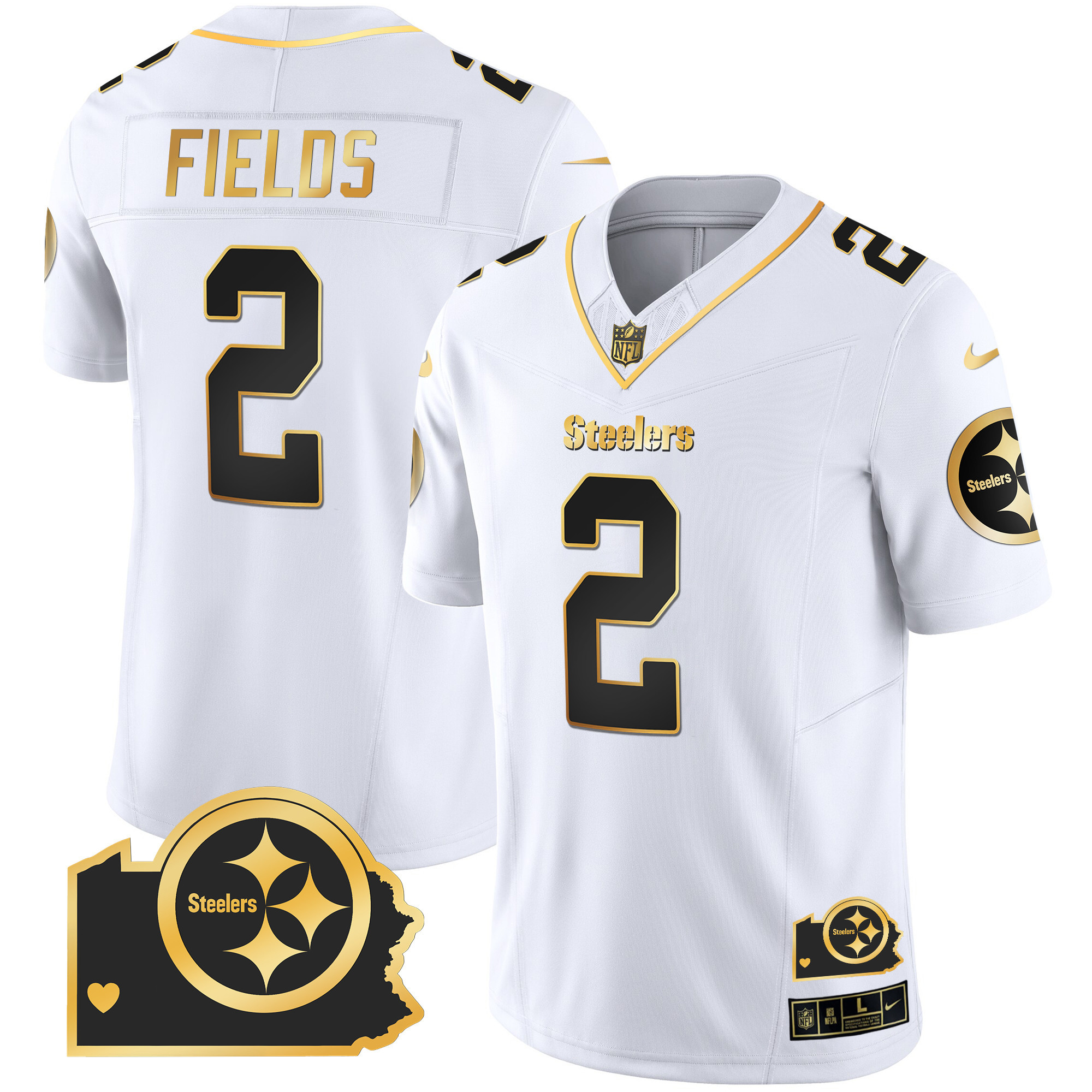 Justin Fields Men's Pittsburgh Steelers Home Patch Gold Vapor White Gold Jersey - All Stitched
