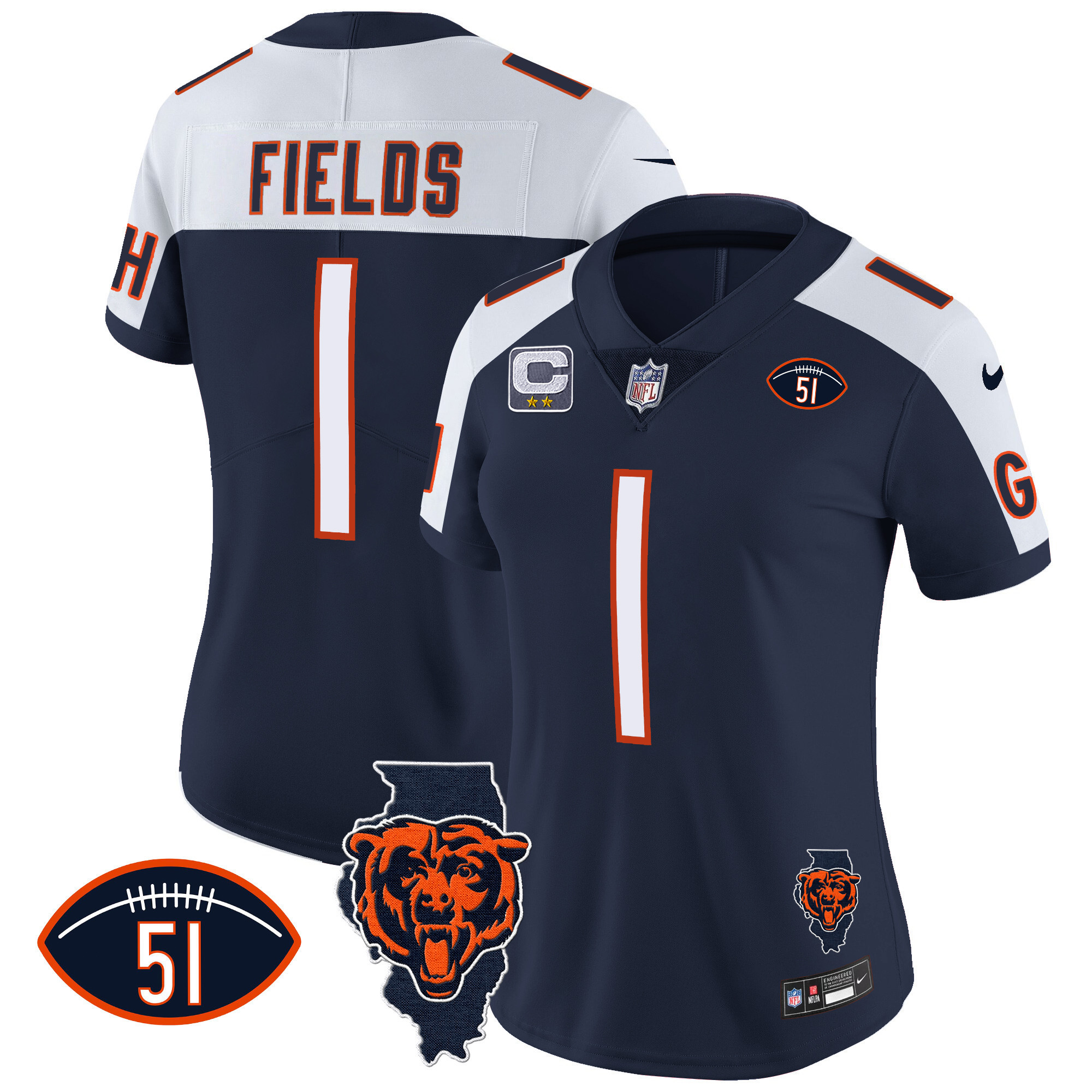 Justin Fields Women's Chicago Bears Illinois Patch Vapor Navy Alternate Jersey - All Stitched