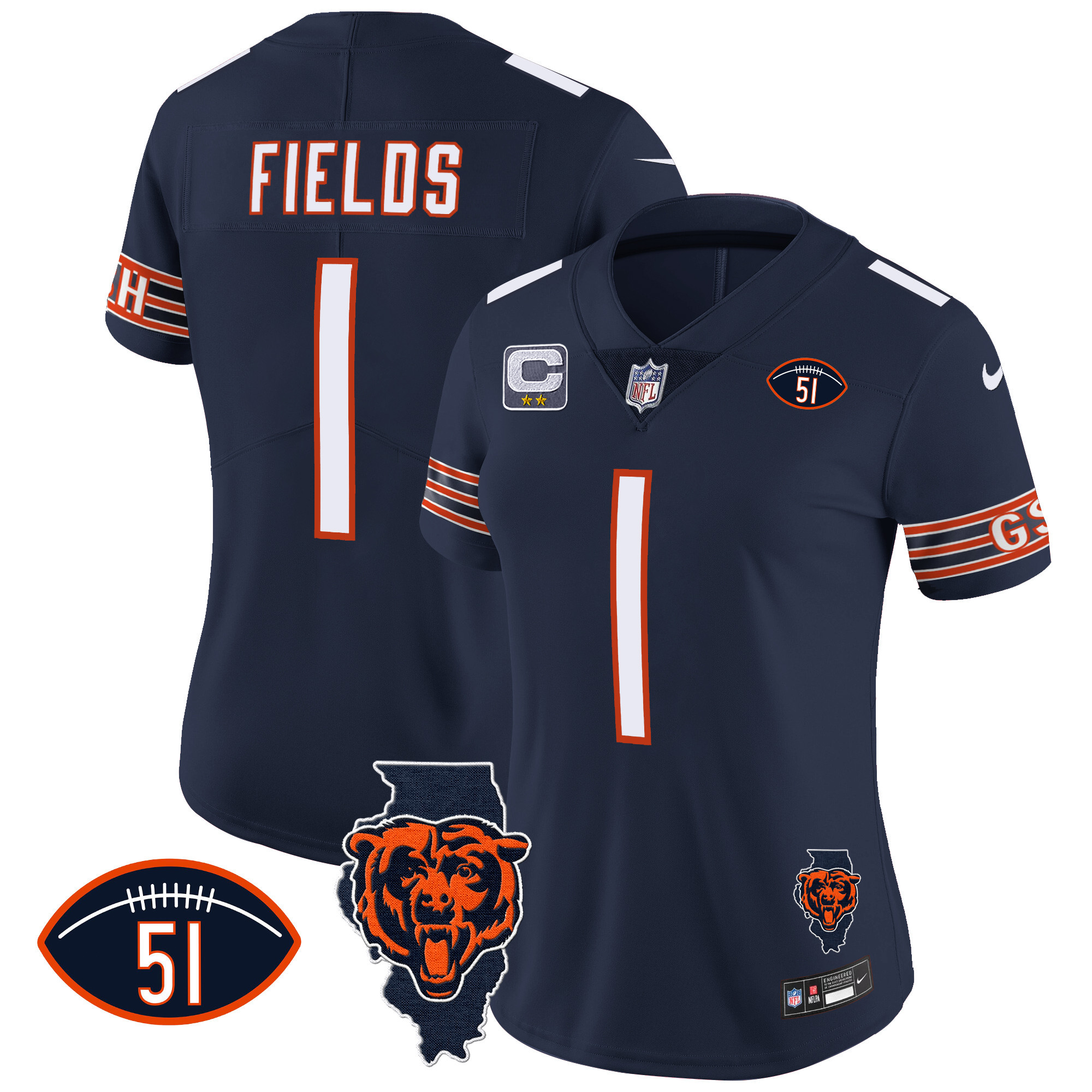 Justin Fields Women's Chicago Bears Illinois Patch Vapor Navy Jersey - All Stitched