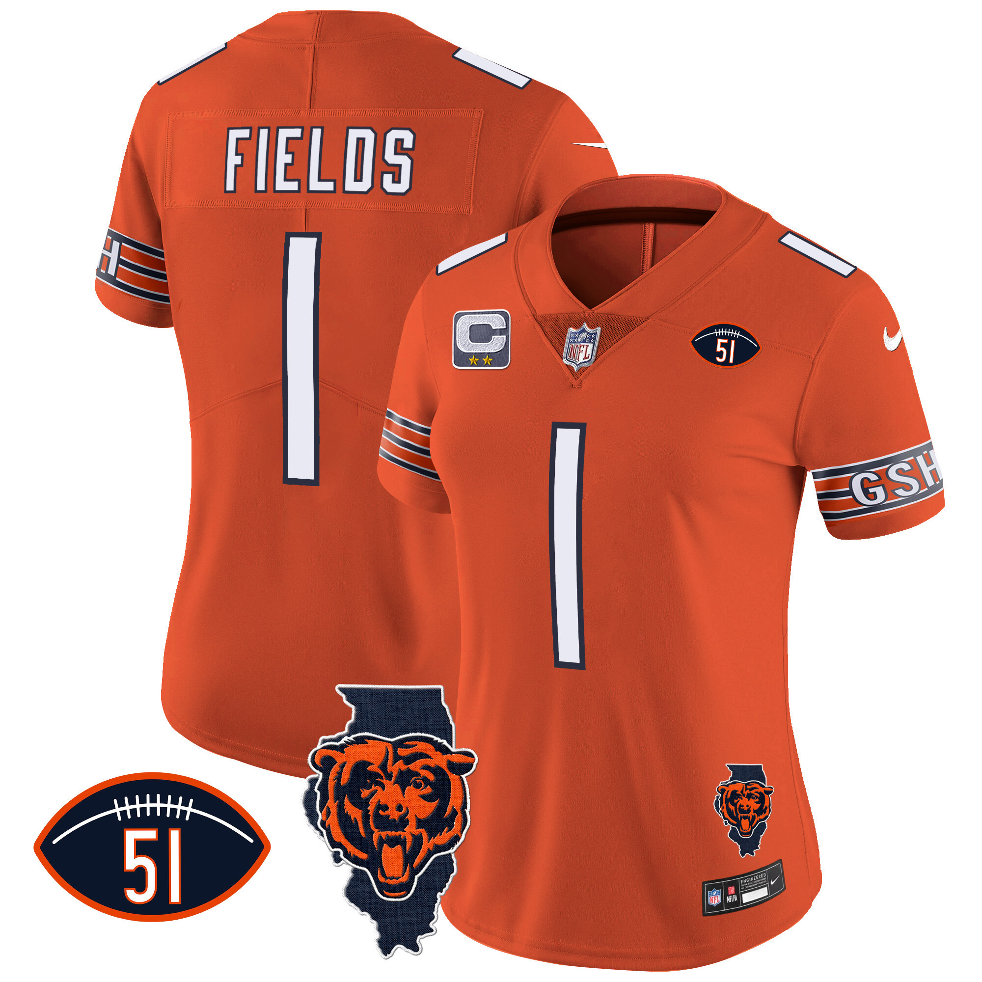 Justin Fields Women's Chicago Bears Illinois Patch Vapor Orange Jersey - All Stitched