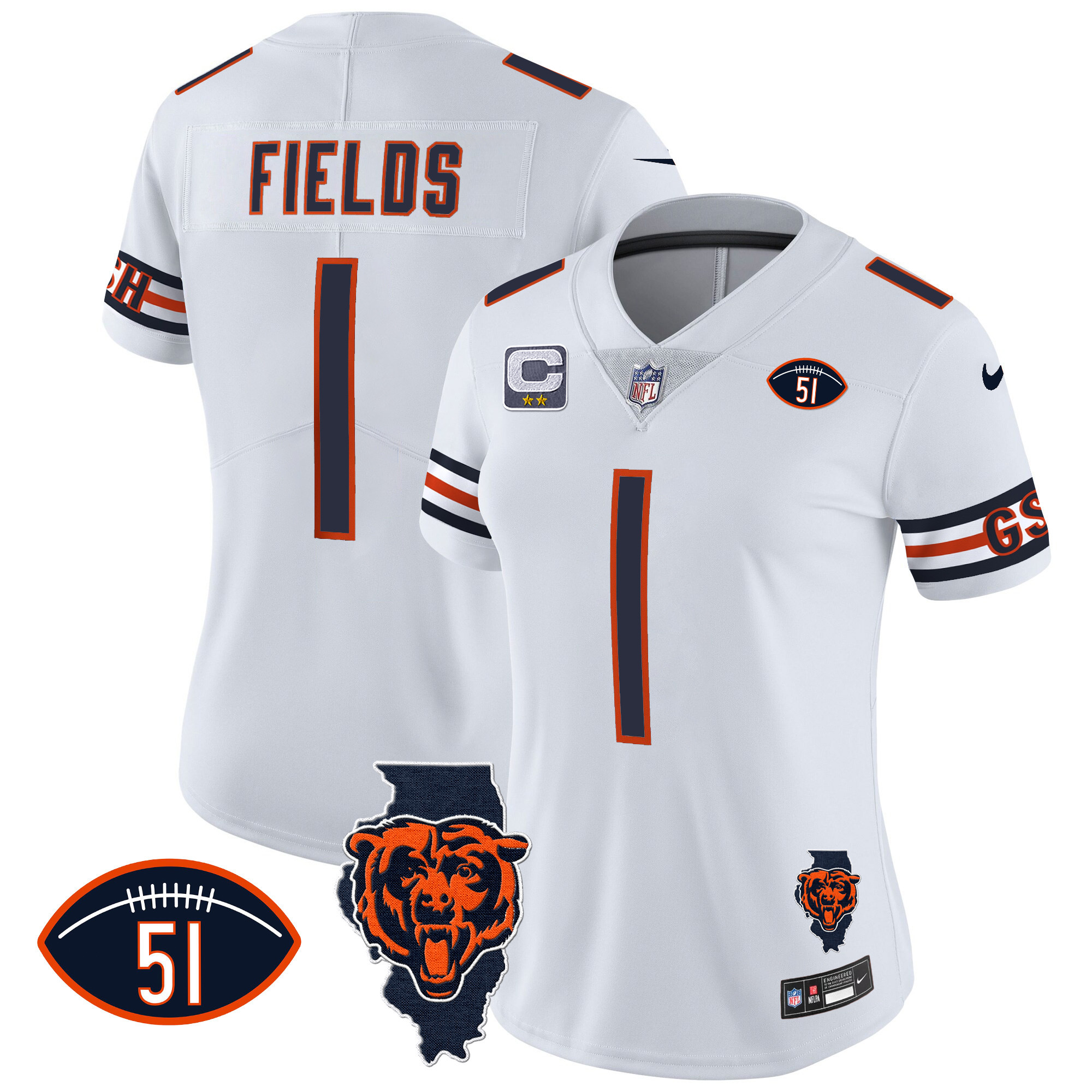 Justin Fields Women's Chicago Bears Illinois Patch Vapor White Jersey - All Stitched