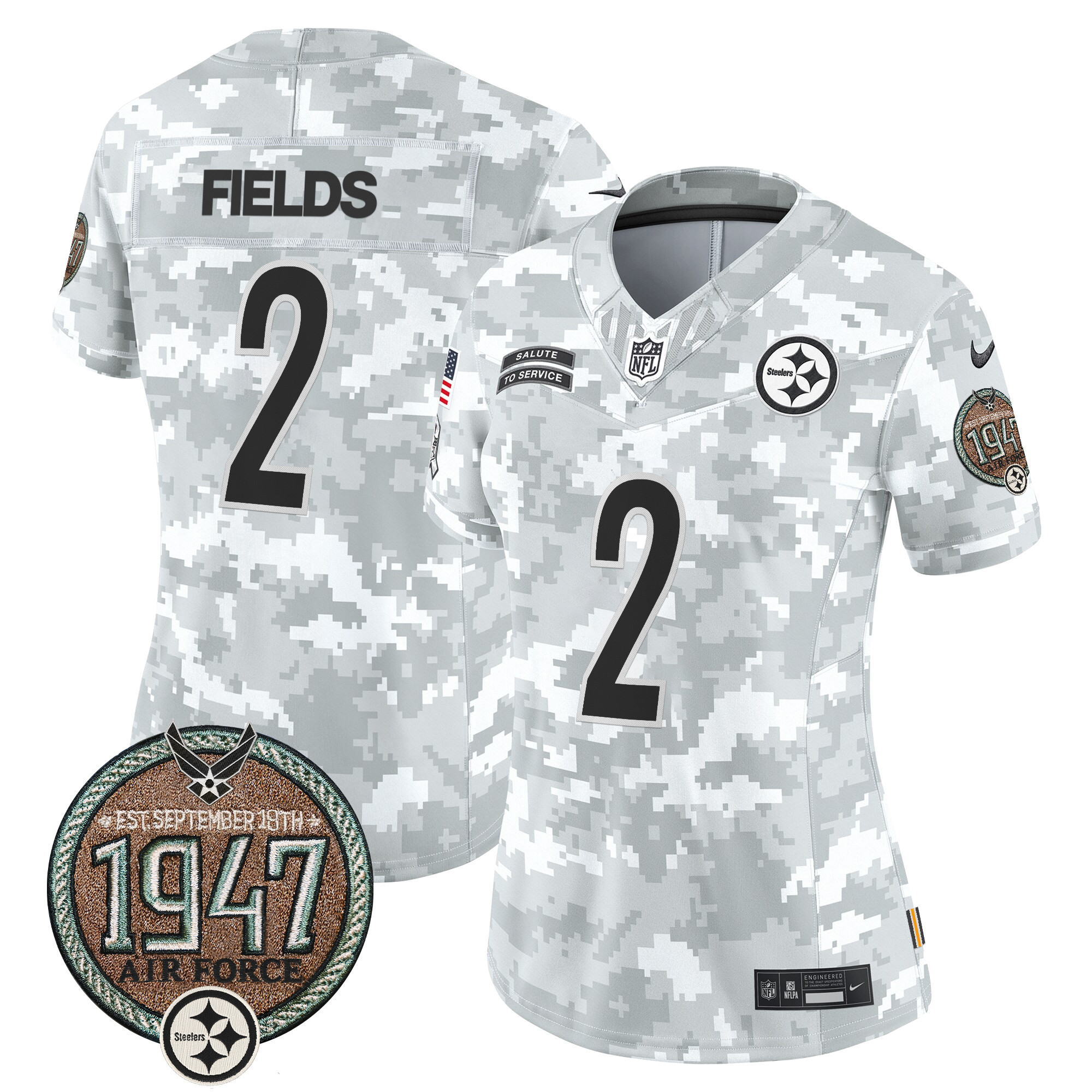 Justin Fields Women's Pittsburgh Steelers 2024 Salute to Service Establishment Year Patch Vapor Limited Air Force Jersey - All Stitched